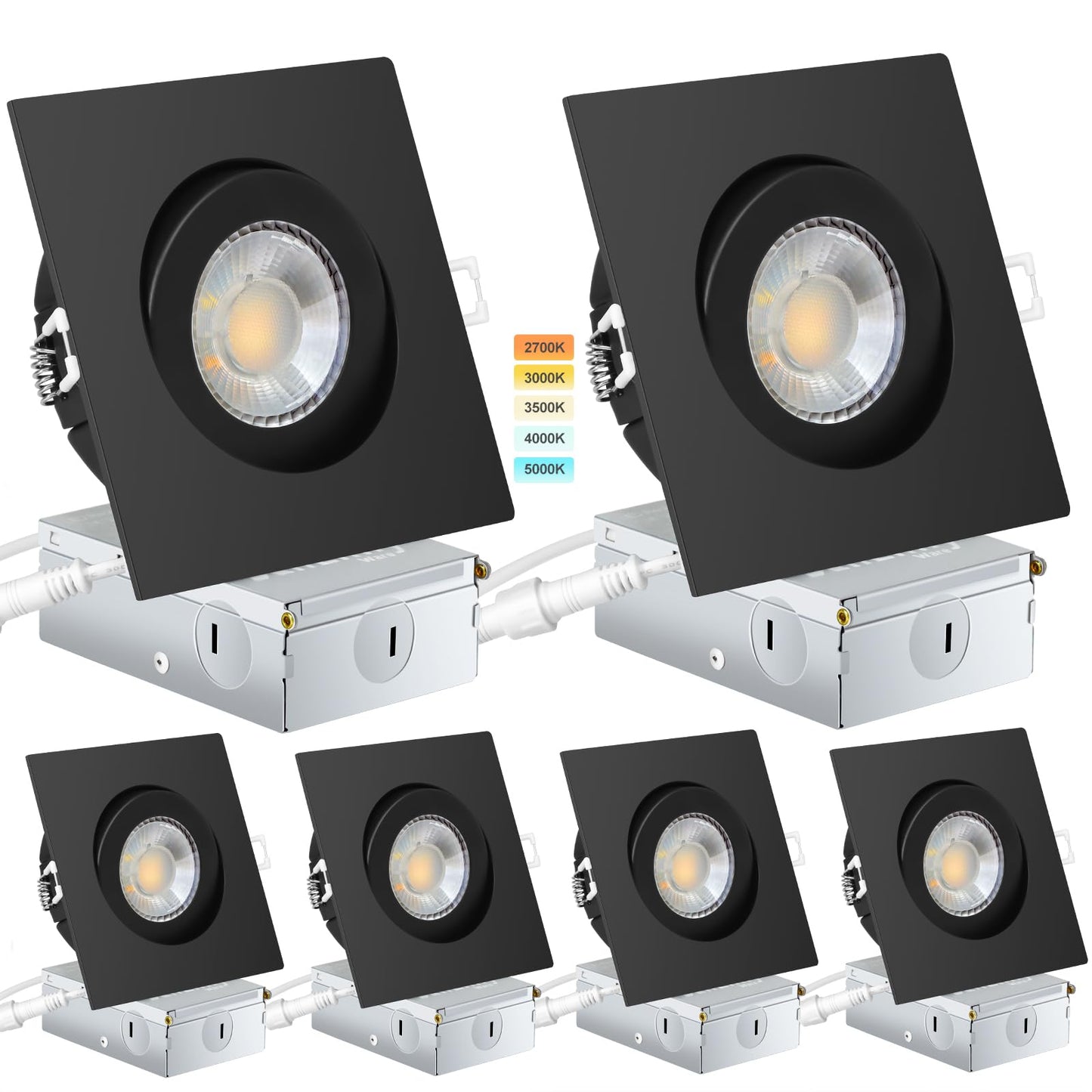 KnLnny Ware Black Square Gimbal Recessed Lighting Square 4 inch 6 Pack,Canless Gimbal Recessed Lights,dimmable, 5CCT Selectable,9W 750LM