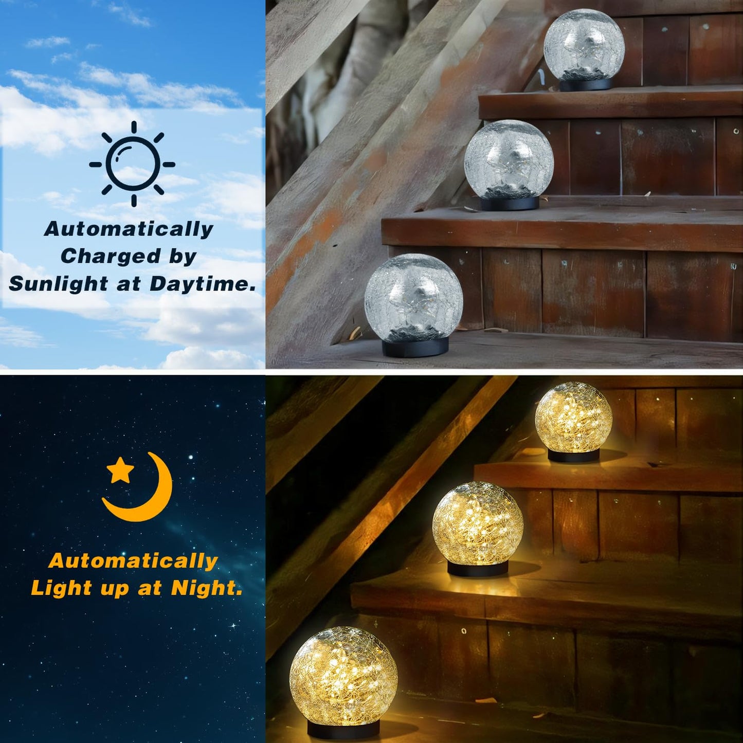 SyouHome Solar Garden Lights Outdoor Waterproof, 4 Pack 50 LEDs Cracked Glass Ball Light, Ground Landscape Garden Decor, Solar Globe Decorative for Pathway/Patio/Lawn/Yard (Warm White, 4.7")
