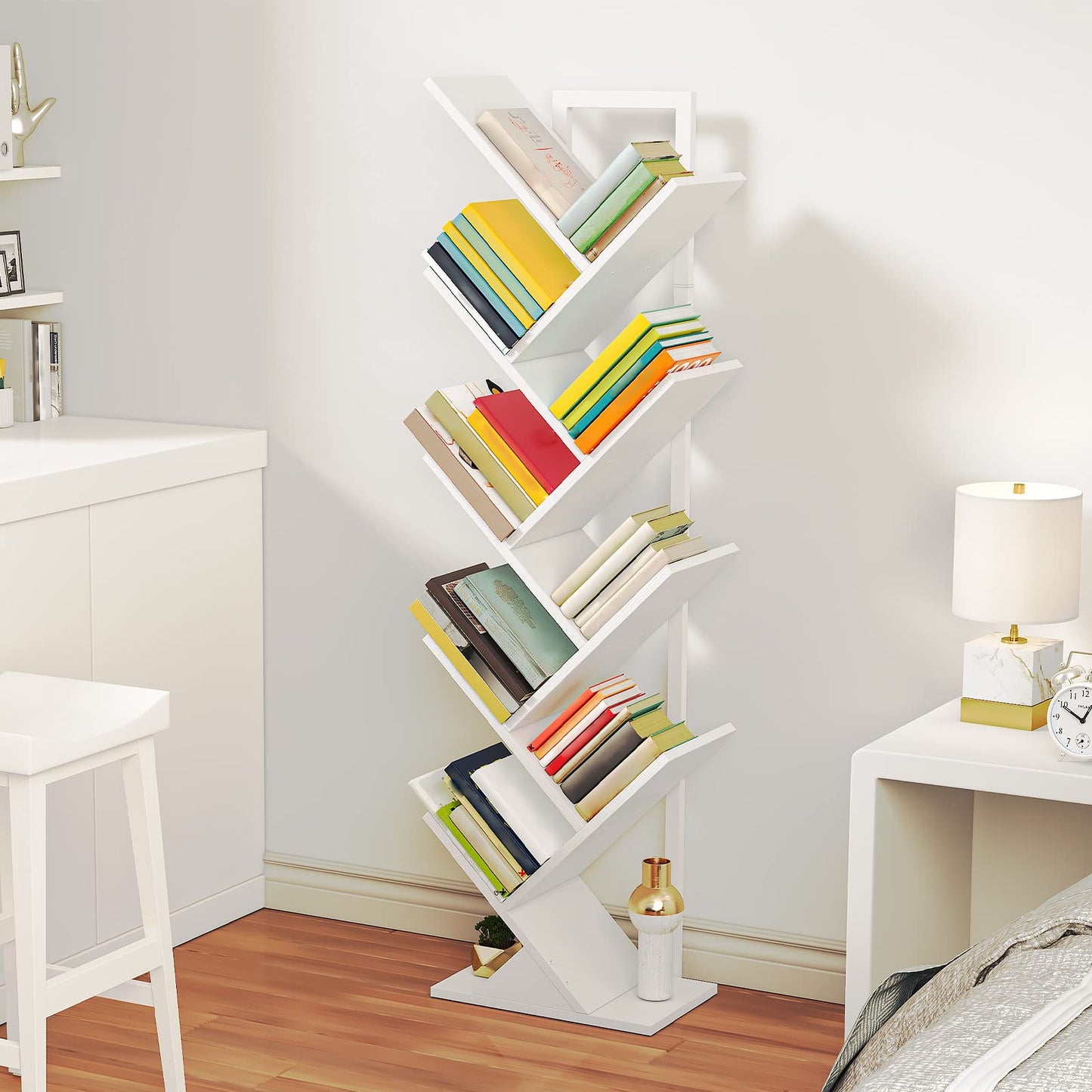 HOOBRO Tree Bookshelf, 9-Tier Bookcase Wooden Shelves, Floor Standing Storage Rack, for Display of CDs, Books in Living Room, Home Office, Wood Storage Rack for Bedroom, White WT08SJ01G1