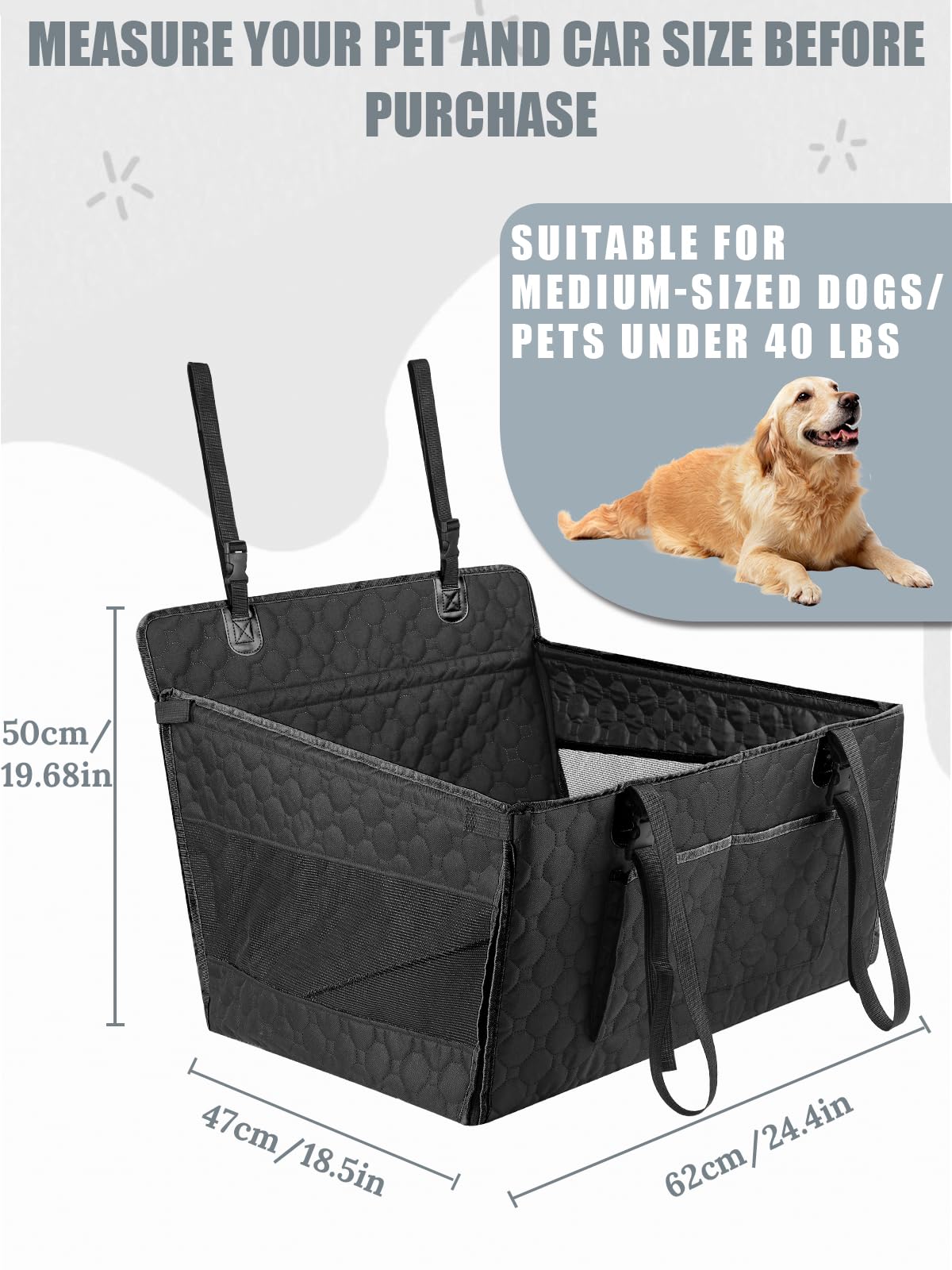 Prpeko Dog Car Seat for Large Dogs,Waterproof Fabric with Breathable Mesh&Adjustable DogSeat Belt for Car, Dog Bed for Back Seat Up to 40 LB-Medium