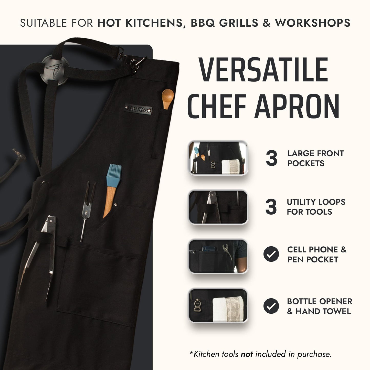 Asaya Chef BBQ and Work Apron with Bottle Opener - Hand Towel-Durable 10oz Cotton Canvas,Brass Hardware and Cross Back Straps (Black)