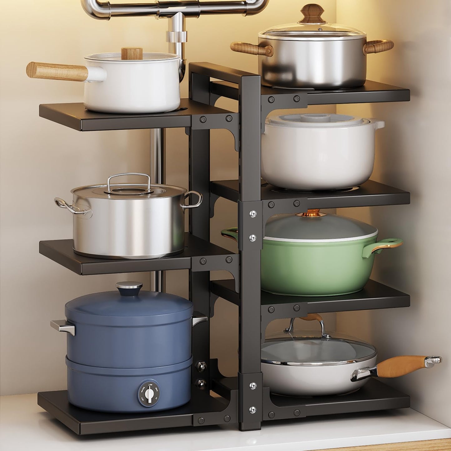 Pot Rack Organizers:CASONNIK 7-Tier Adjustable Heavy Duty Pan Organizer Rack for Cabinet ,Multiple Use Modes,Pot Rack & Pan Rack for Kitchen Counter and Cabinet