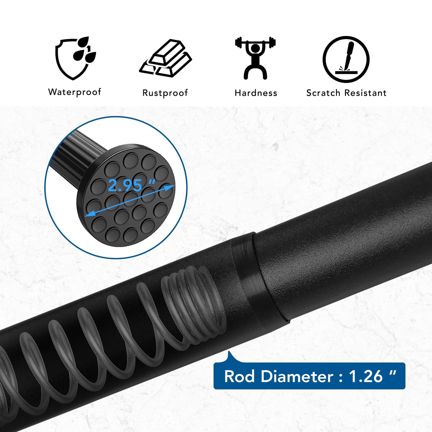 Tension Curtain Rod, 51-126 Inch,Spring Closet Rod, for Windows or Shower, Easy to Install, No Drilling, No Rust, for Bathroom, Rod Diameter 1.26 Inches, Black,Umimile