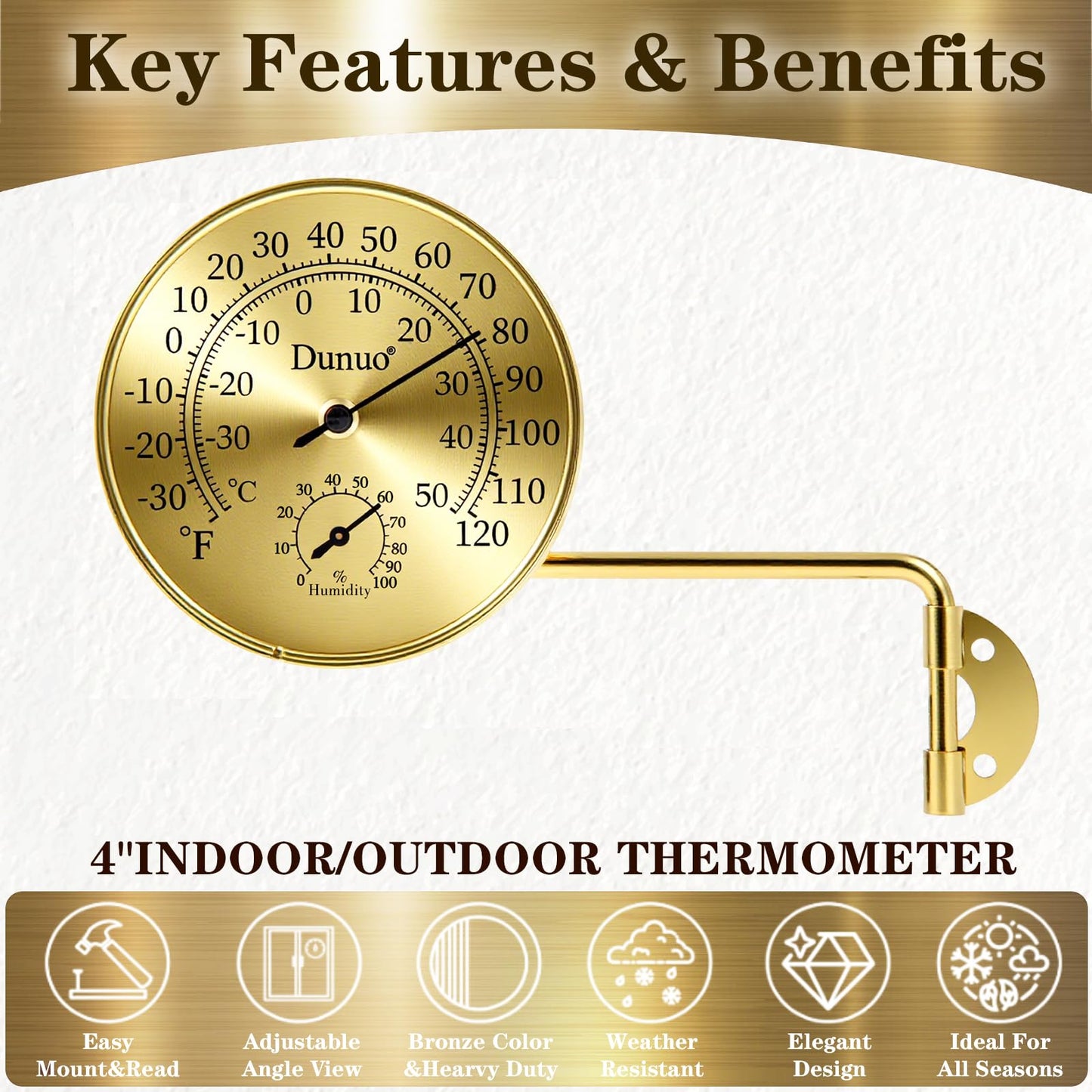 Dunuo 4 Inch Brass Outdoor Thermometer - Analog Temperature Gauge for Patio, Greenhouse, Room, Garage. Solid Brass Swivel Thermometer with Humidity- Golden case (Golden case + Golden dial)