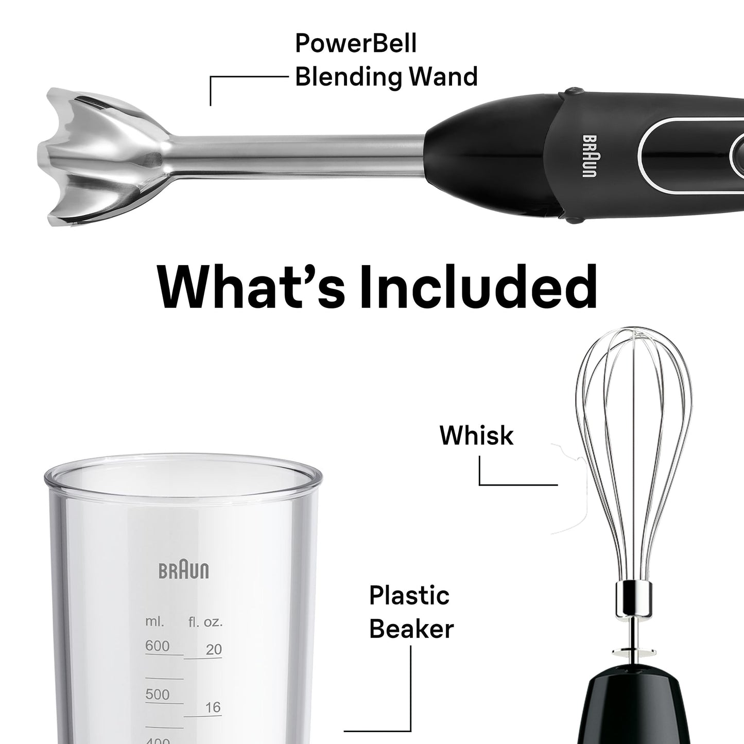 Braun MQ505 Portable Immersion Hand Blender, Powerful 350W Stick Blender, Dual Speed, Whisk, Beaker, Soup, Baby Food, Mixer, Hummus, Egg Beater, Smoothies