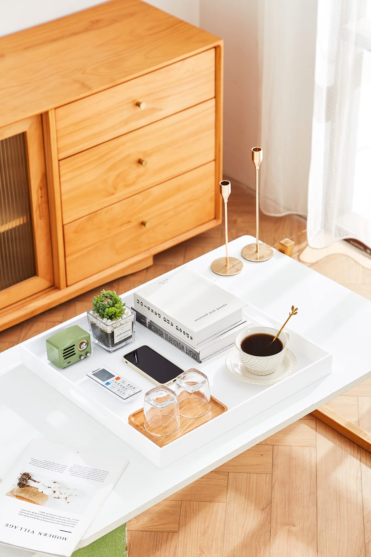 MUKEEN Clear Oversize Acrylic Serving Tray with Handles 20x20 Inch -Spill Proof- Decorative Trays Countertop Organiser for Ottoman,Nightstand, Sidetable, Butler… (20x20, White)