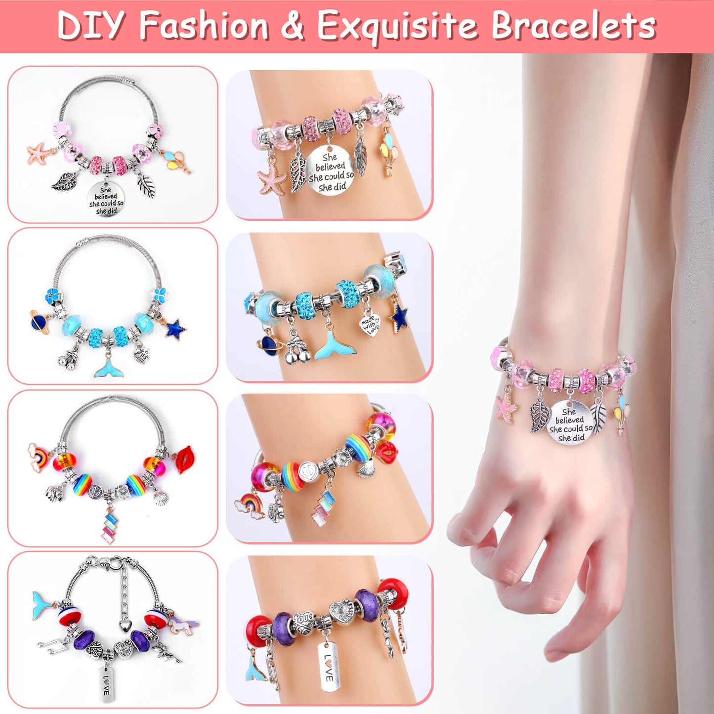 180 Pcs Charm Bracelet Making Kit for Girls, Mckanti Unicorn Mermaid Crafts Gifts Set Charm Bracelets Kit DIY Jewelry Making Supplies with Beads, Pendant, Bracelets, Necklace Cords for Teens Girls