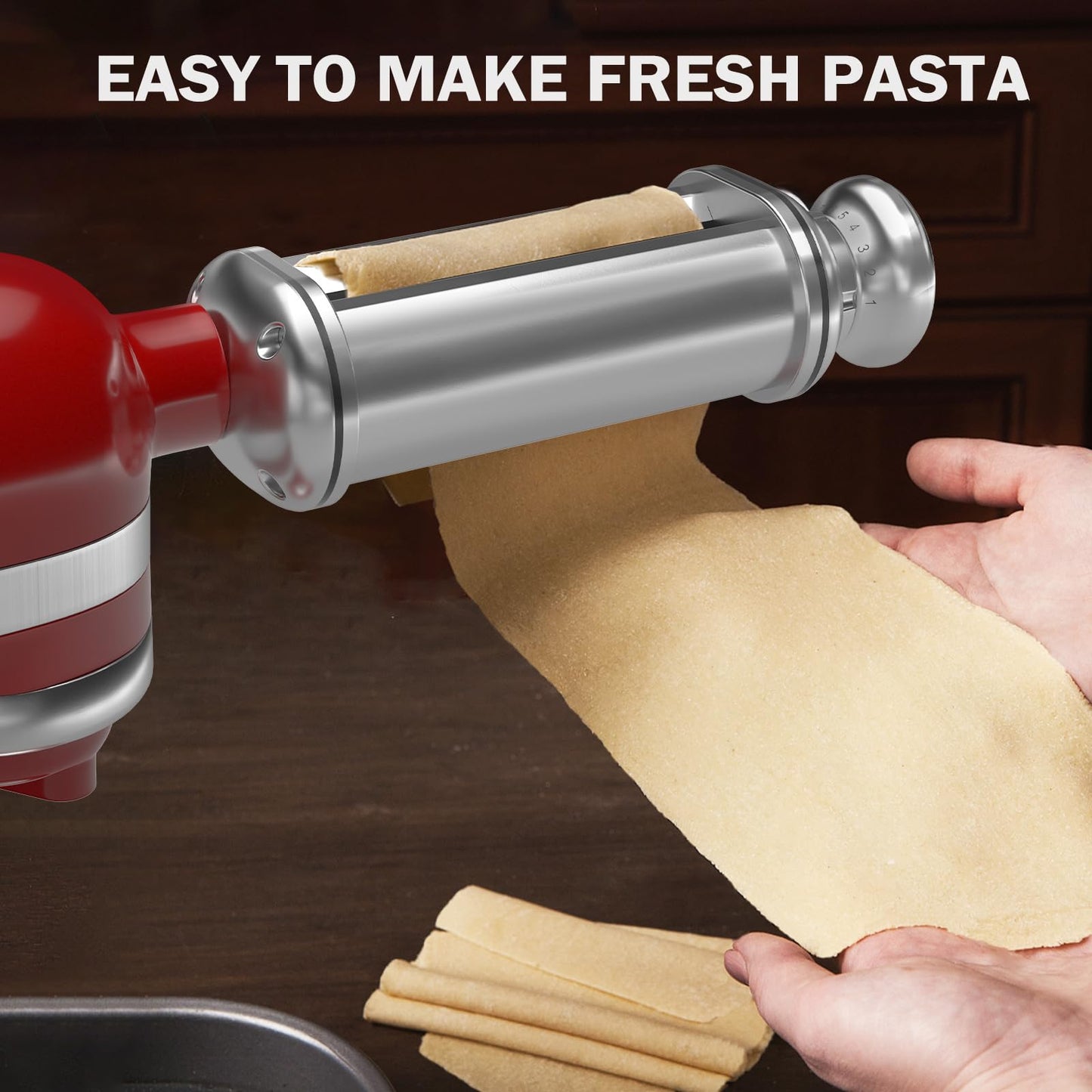 Pasta Roller Attachment for all KitchenAid Standing Mixers, Pasta Maker for Kitchen Aid Accessories and Attachments, Noodle Dough Sheet Roller with 8 Different Thickness Knob, Stainless Steel
