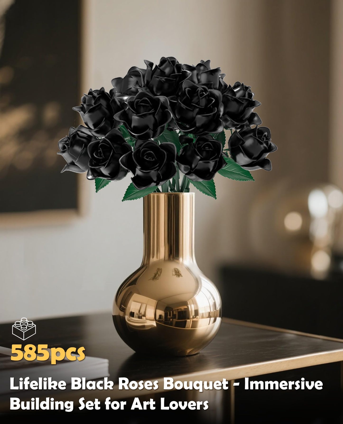 BeepZipp Black Roses Flower Bouquet Building Blocks Set, Artificial Flowers Blocks Kit Compatible with Lego Flowers, Halloween Decorations for Adults Teens (585PCS)