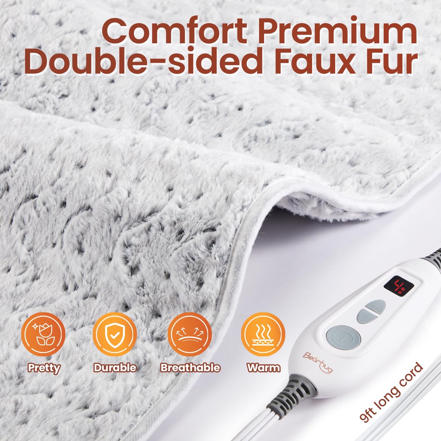 Bearhug XXL Electric Heated Pad 17''x33'' Double-Sided Faux Fur Heating Pad, 6 Heat Levels, 2-Hour Auto-Off, Moist & Dry Heat Therapy for Back Pain Relief, Machine Washable, ETL Certified - Gift Box