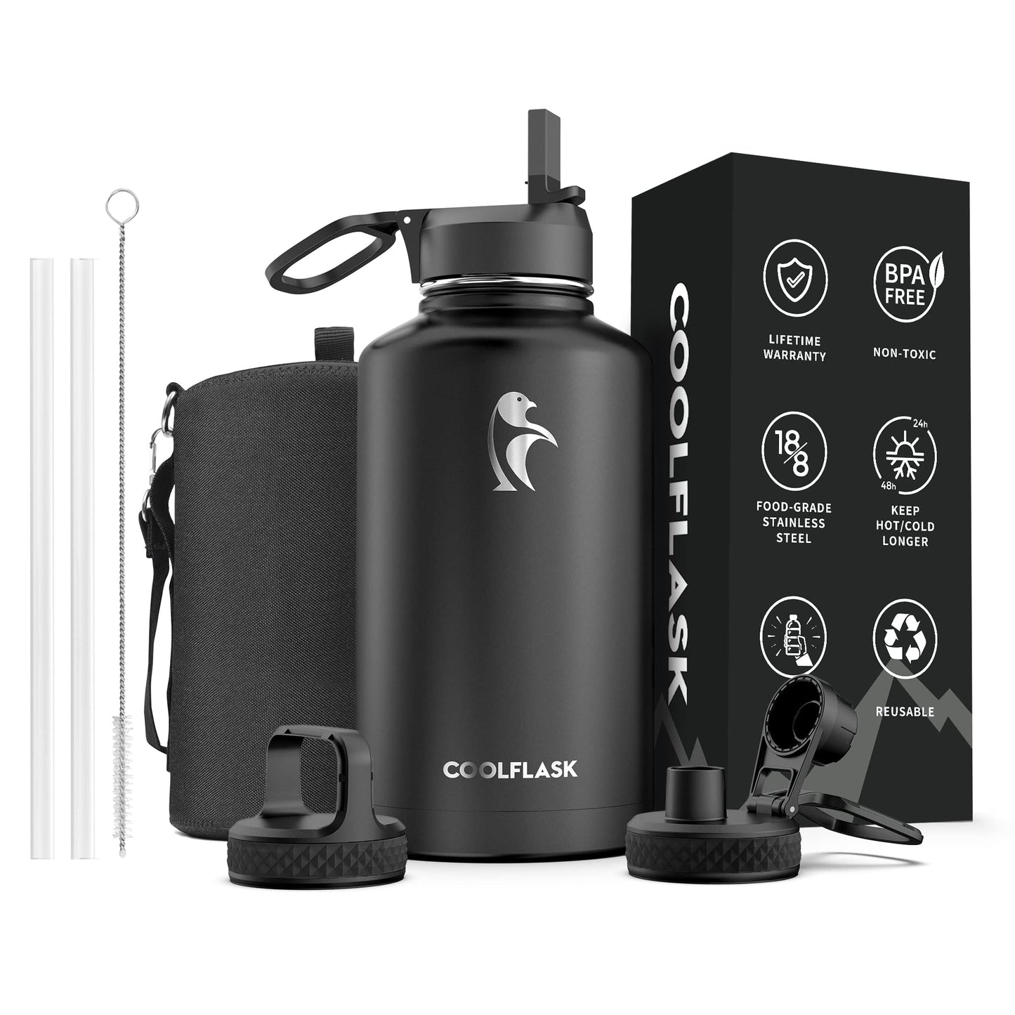 Water Bottle Insulated 64 oz with Straw & 3 Lids, Coolflask Large Metal Stainless Steel Water Jug Big Half Gallon Wide Mouth for Sports, Gym or Office, BPA-Free Keep Cold 48H Hot 24H, Magic Black