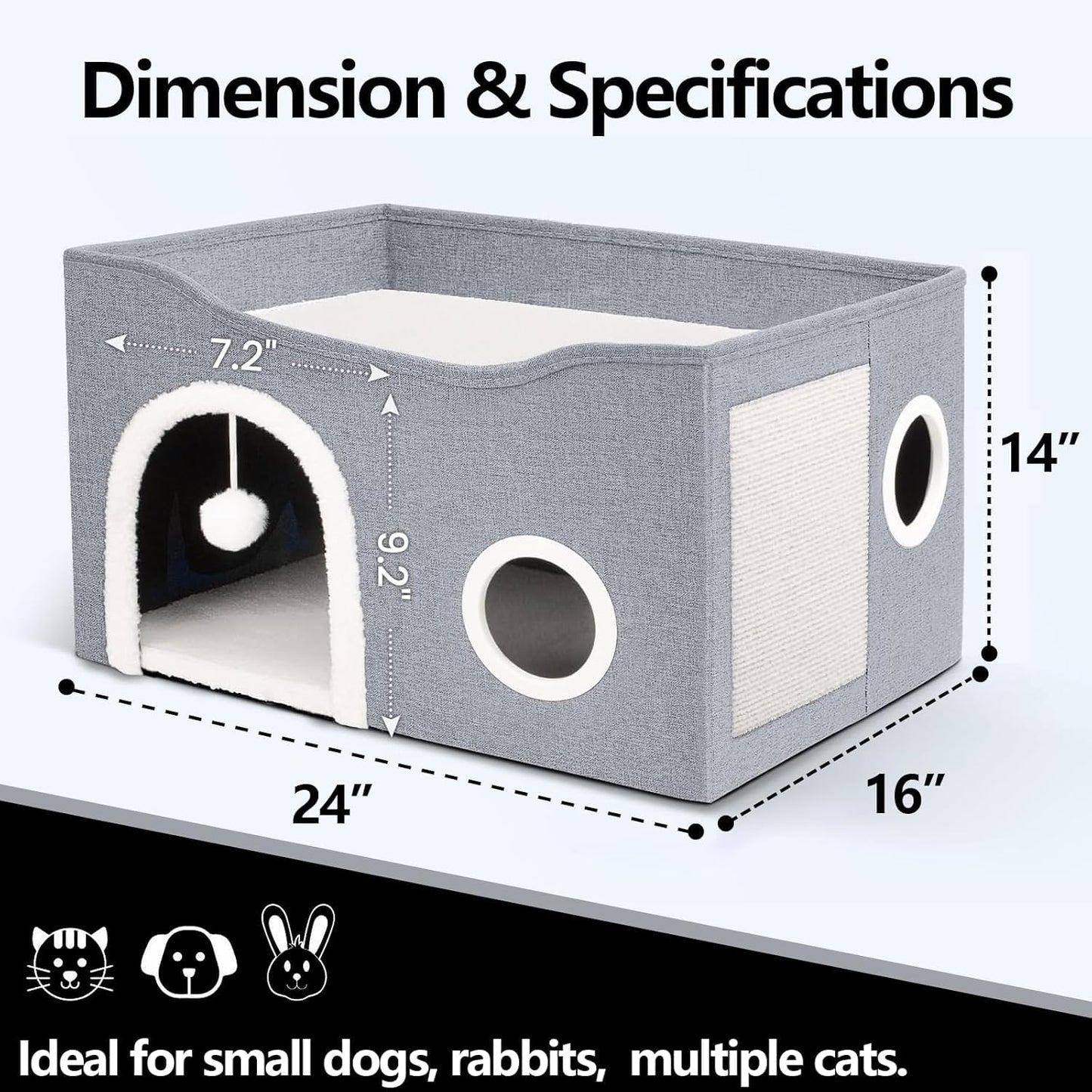 Large Cat House Indoor, Lavish Cat Cave Bed for Big Cats, Collapsible Hideaway with Scratching Area, Enclosed Cat Bed for Indoor Cats (Extended Dark Gray, Large Size)