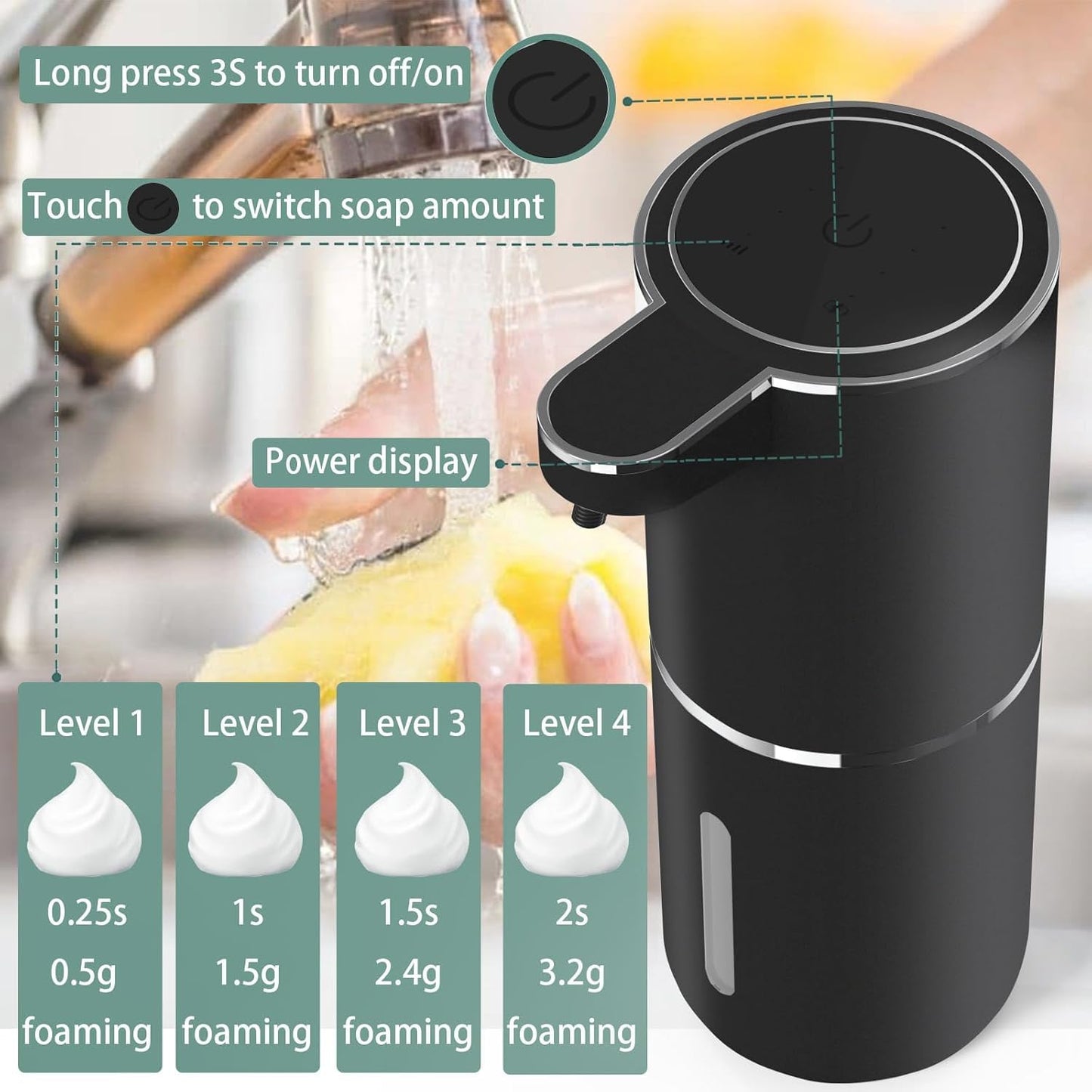 2Pack Automatic Soap Dispenser Touchless, Foaming Soap Dispenser 6 Adjustable Level Hands Free USB Rechargeable Dispenser Electric Wall Mounted Dish Dispenser Kitchen Bathroom