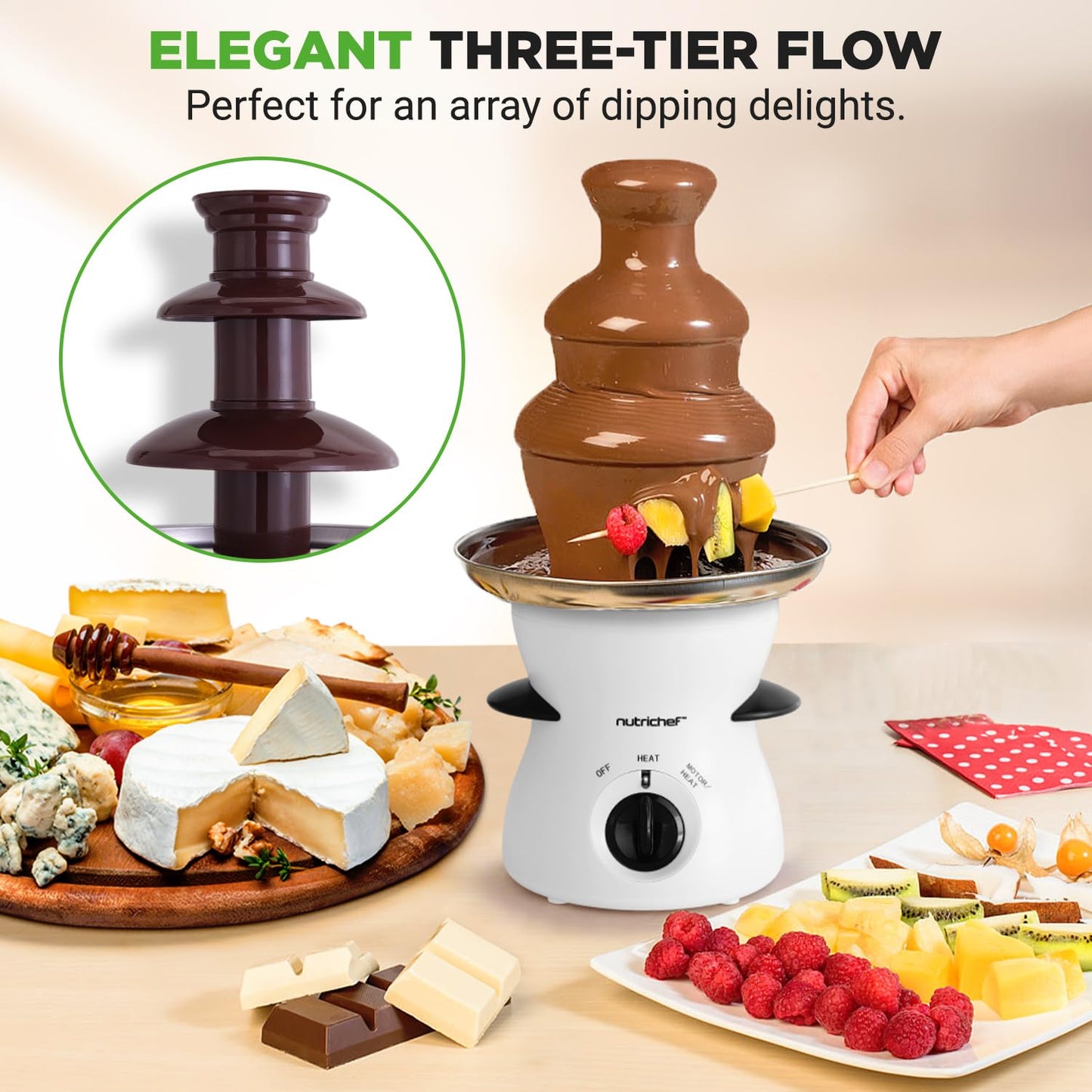3 Tier Chocolate Fondue Fountain - Electric Stainless Chocolate Dipping Warmer Machine - Warm & Melt Chocolate, Butter, Cheese, Caramel - Great for Parties, Events & Weddings - Pot Capacity 16 OZ