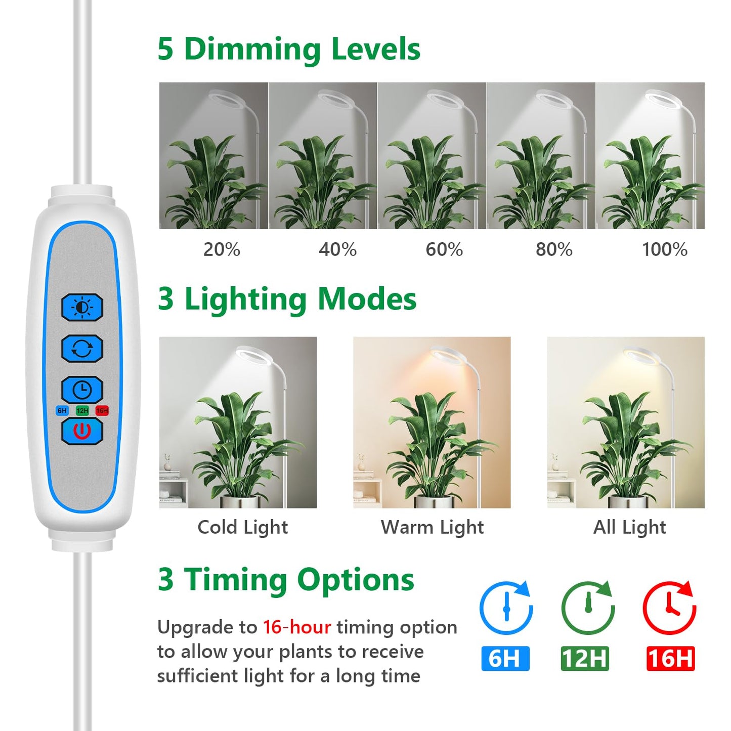 Aumtrly Floor Grow Lights for Indoor Plants, Full Spectrum Plant Light with 68" Stand for Growing Large Tall Plants, White Halo Grow Lamp with 6/12/16H Timer, 3 Light Modes, 5 Dimming