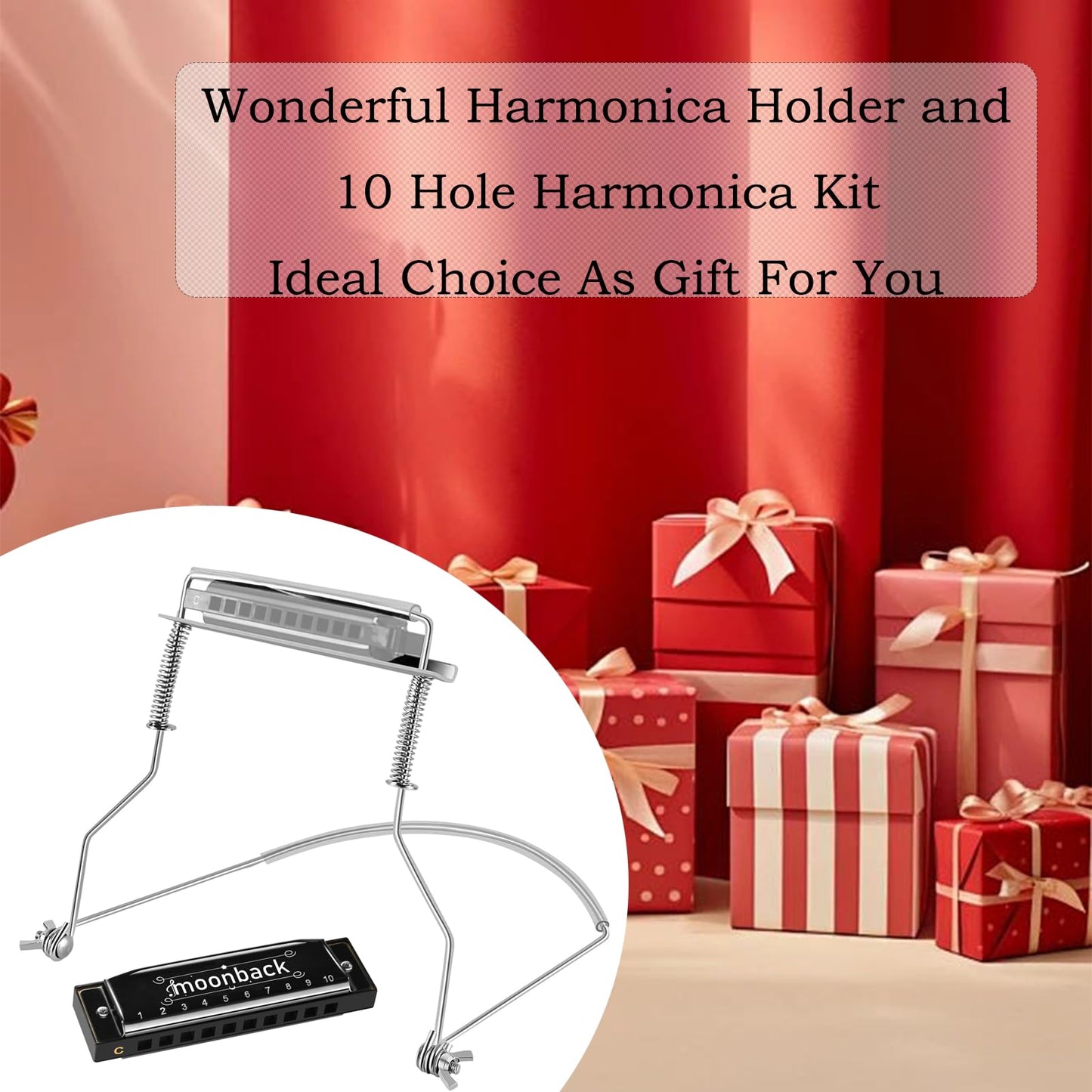 Harmonica Holder Set - 10 Hole Diatonic Blues Harmonica in C Key, Adjustable Holder for Beginners to Professionals