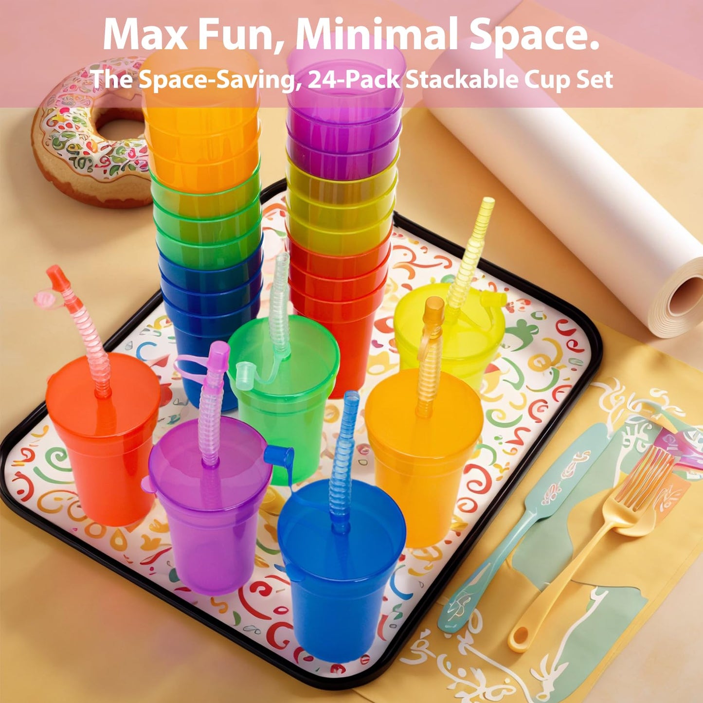 WRINGKIT 24 Pcs Plastic Cups with Lids and Straws, 12 Oz Colorful Neon Sipper Cup, Leak Proof Tumbler Cups Bulk, Reusable Juice Cups for Birthday, Events Celebrations Supplies, 6 Colors