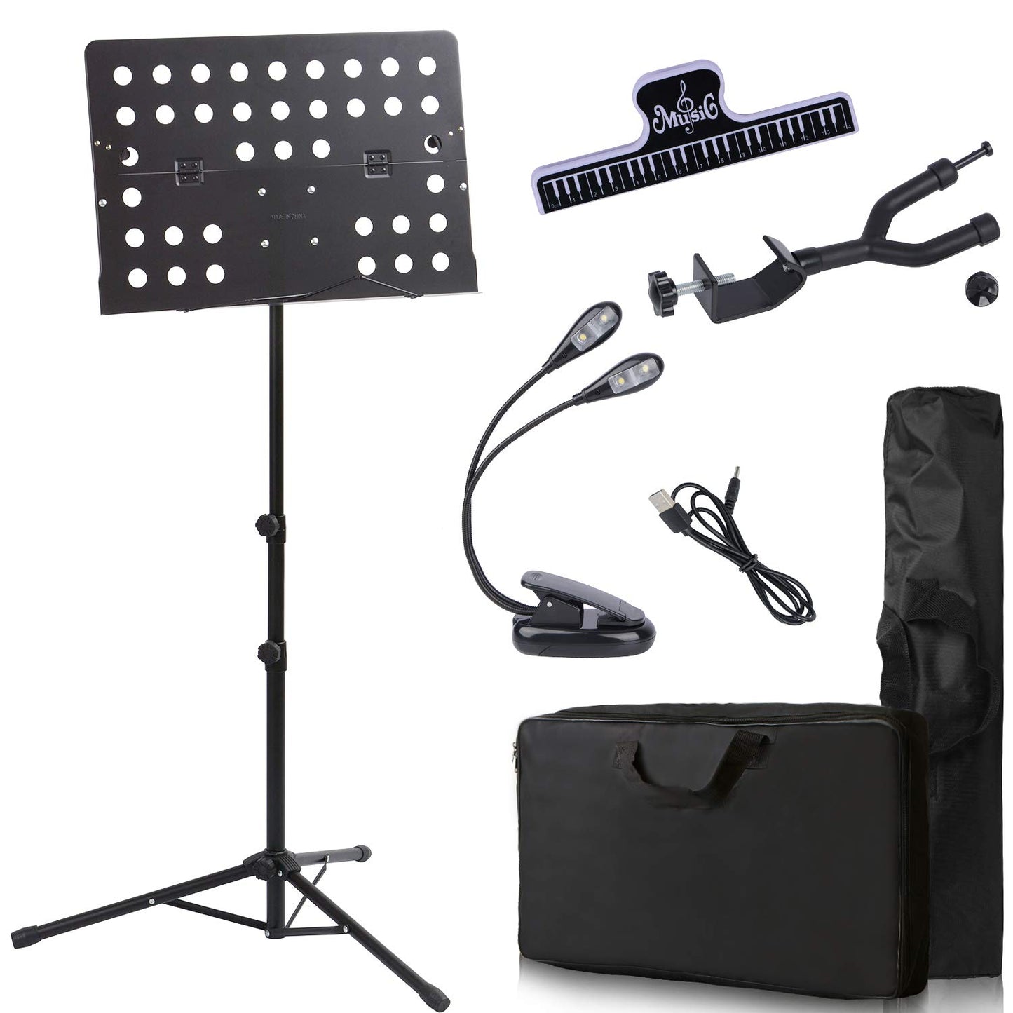 Klvied Folding Sheet Music Stand with Violin Hanger, Portable, Black