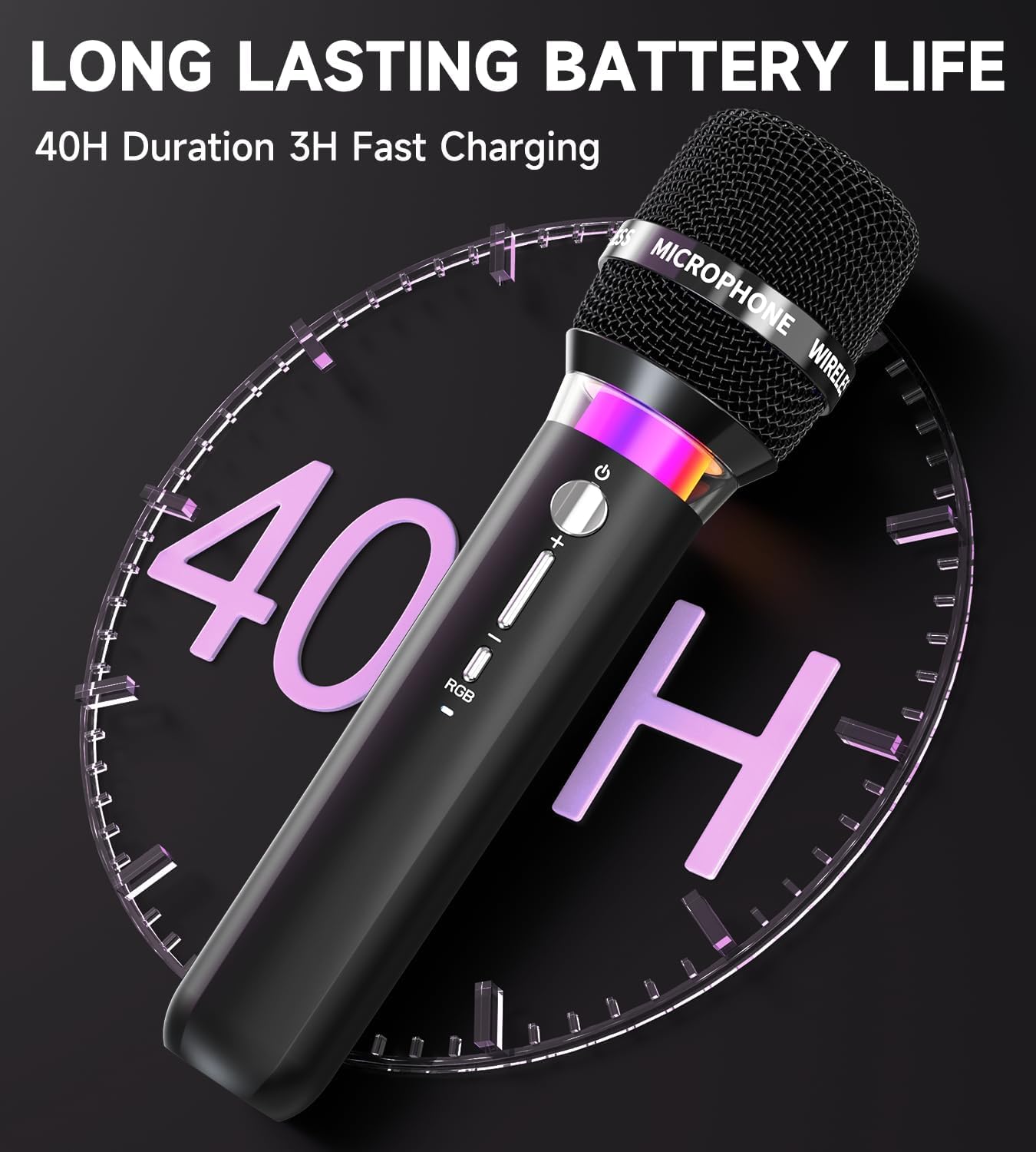 Wireless Microphone, Rechargeable Wireless Microphones with One-to-One Chip Connection and LED Lights, 40H Duration, 200FT Range Receiving, Less Latency Karaoke Microphone for Singing (Black)