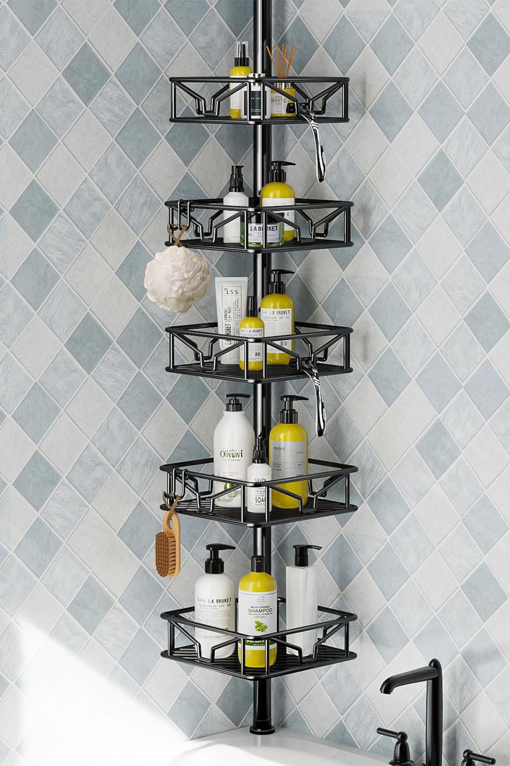 Skycarper 5 Tier Adjustable Corner Shower Caddy Organizer with Hooks,Rustproof Tension Pole 62-116 Inch, Black