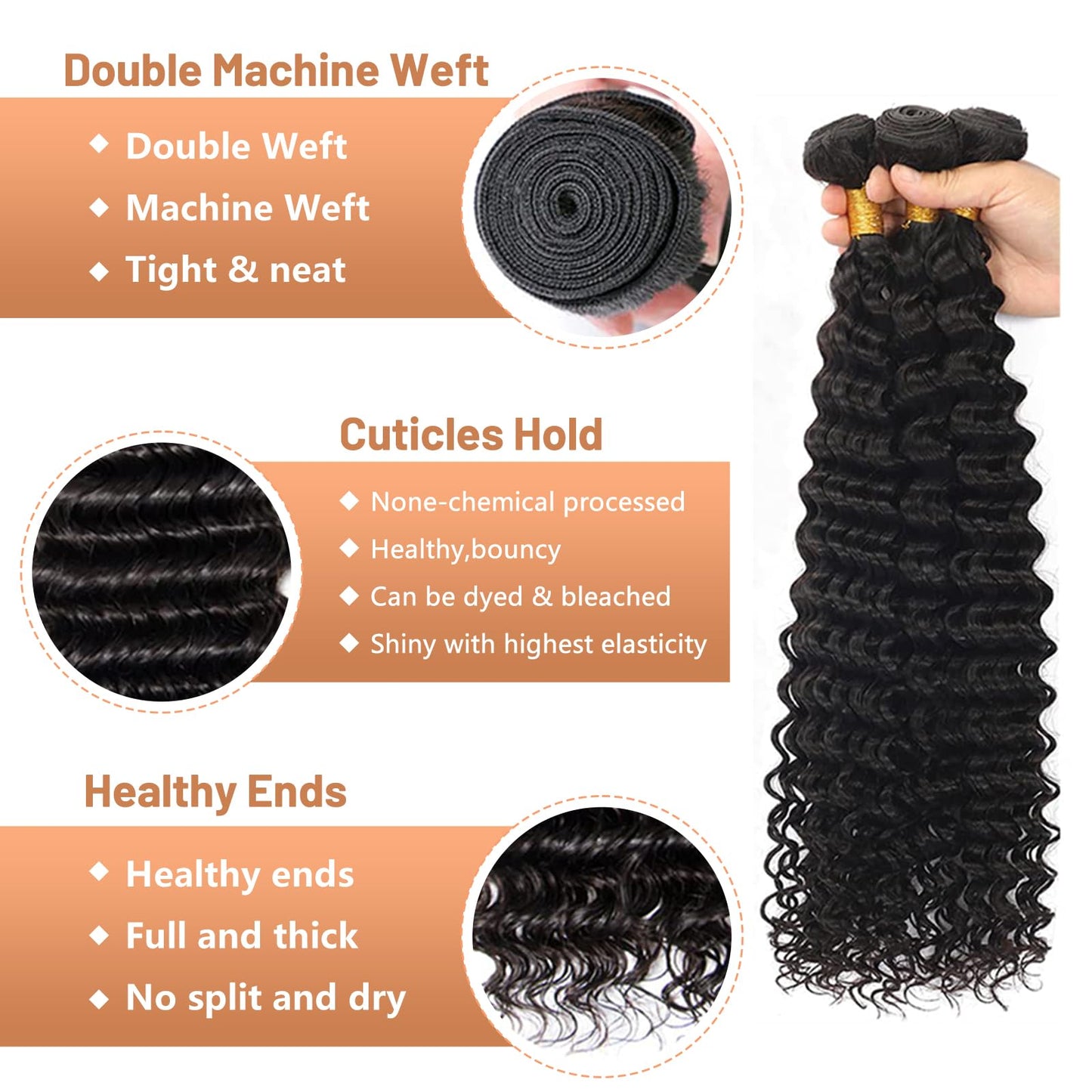 Datanala Deep Wave Bundles Human Hair Brazilian Virgin 100% Unprocessed Human Hair Grade 12A Deep Wave Human Hair Bundles 18 20 22Inch Deep Curly Human Hair Weave Natural Black Color For Women(18 20 22Inch)