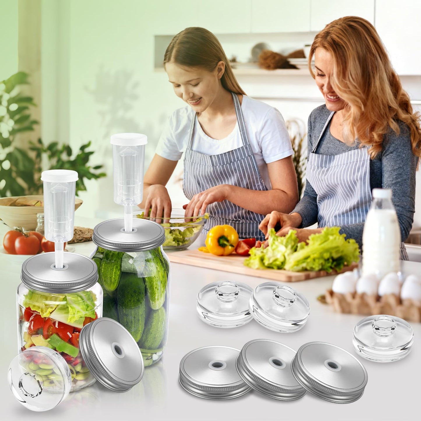 Fermentation Kit for Wide Mouth Mason Jars-4 Stainless Steel Fermentation Lids,4 Glass Fermentation Weights,1 Silicone Tong,1 sauerkraut pound, 1Wooden Handle Brush Cleaner( Jars Not Included )
