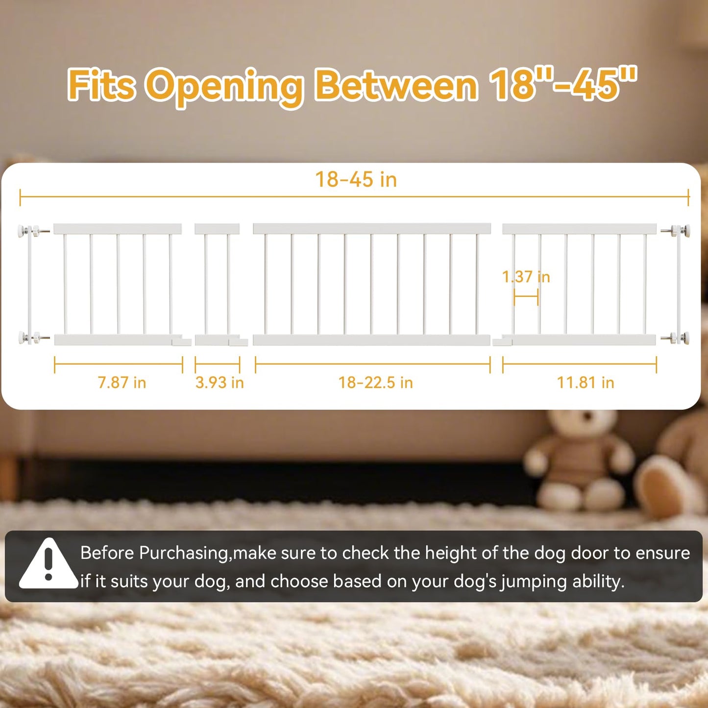 Dog Gate Indoor for Small Dogs or Breeds, 10'' High Short Dog Gate to Step Over, 18“-45” Wide Small Pet Gate with 3 Extension Kits for Doorways & Stairs