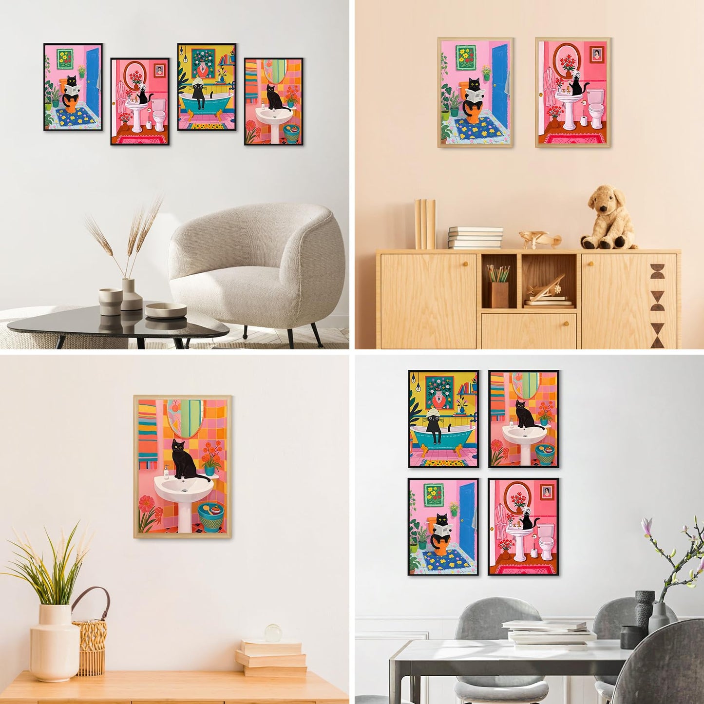 4 Pack Black Cat Paint by Numbers Adult Kit with Frame, Cute Cats Acrylic Painting Kits on Canvas with Easel, Funny Bathroom Wall Art DIY Paint by Number Set for Cat Lovers Home Decor Gift 8 x 12 Inch