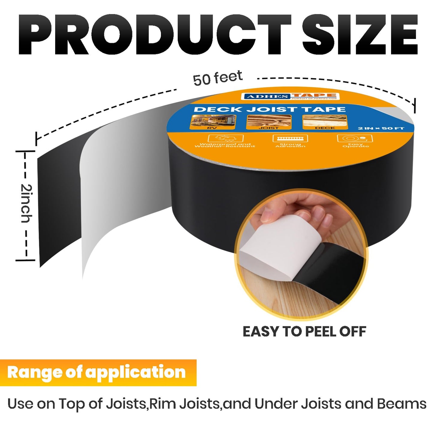 ADHES Deck Joist Tape 2 Inch x 50', 6 Rolls - Weather Resistant & Waterproof Flashing Tape for Decking, Wood Beams, Roof - Butyl Tape for Outdoor Construction