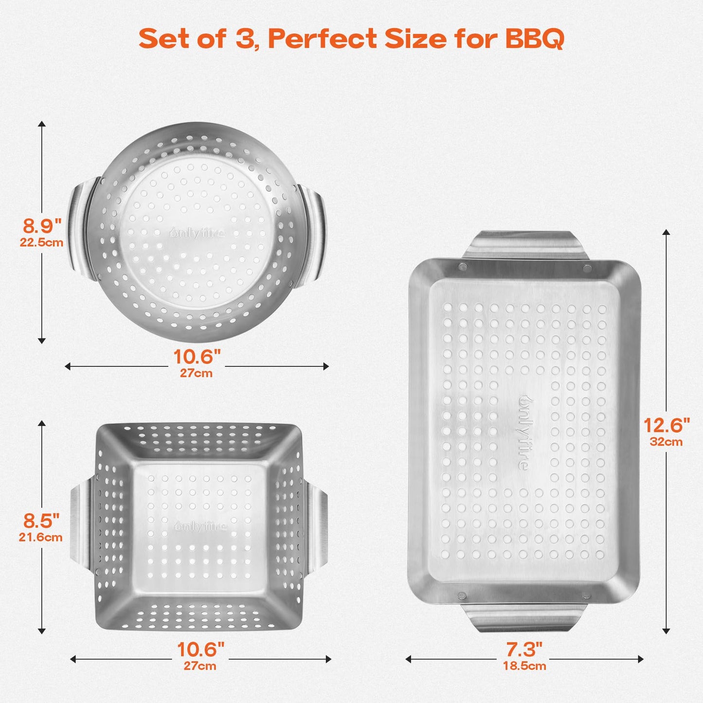 Onlyfire 3 Pack Grill Baskets, Stainless Steel Vegetable Baskets, Mini BBQ Grilling Basket Set, Grill Pan for Outdoor Grill