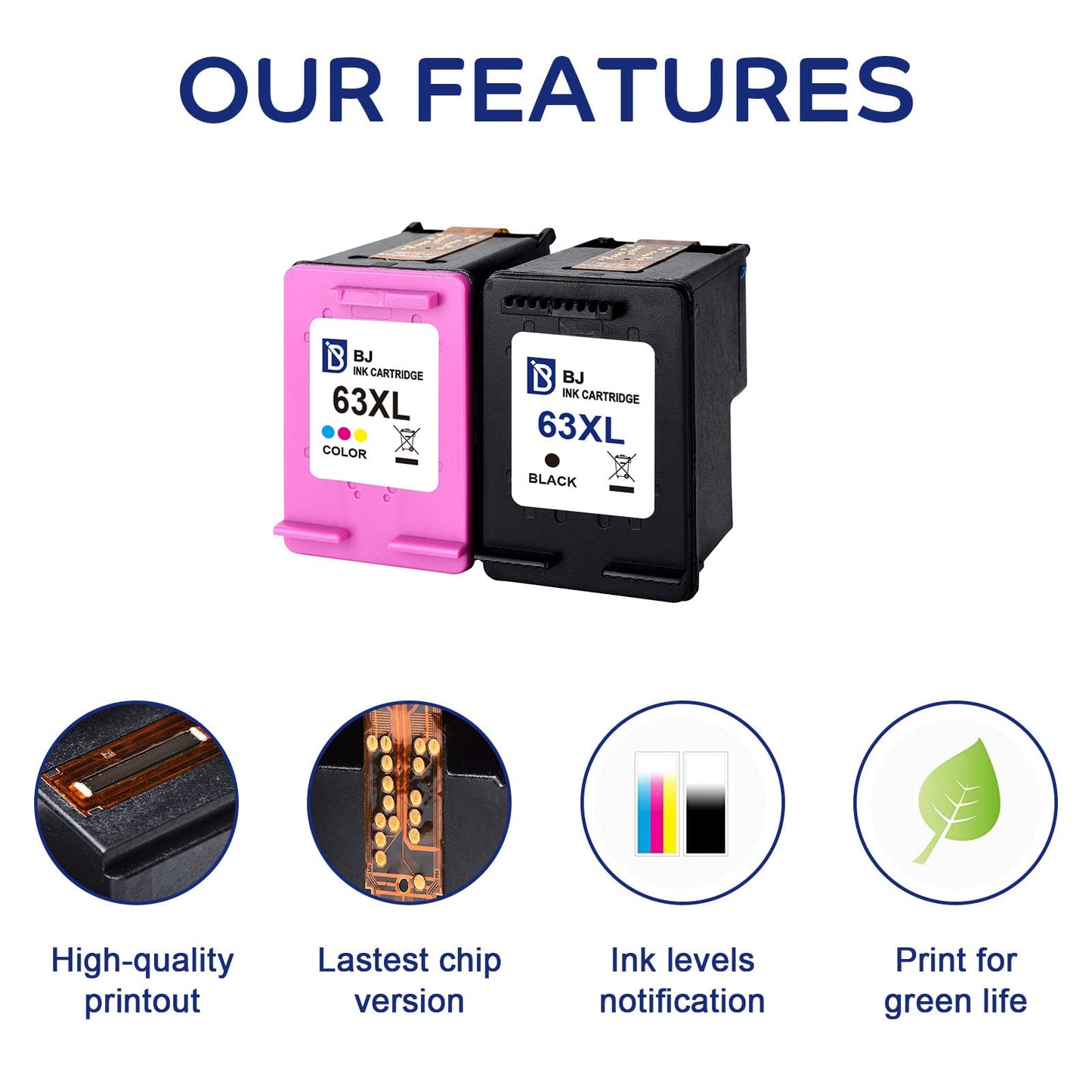 BJ Remanufactured Ink Cartridge Replacement for HP 63XL 63 XL Combo Pack High Yield for HP DeskJet 1112 2130 2133 3630 HP Envy 4512 4516 4520 HP OfficeJet 3830 3832 3833 4650 4652 (1 Black 1 Color)