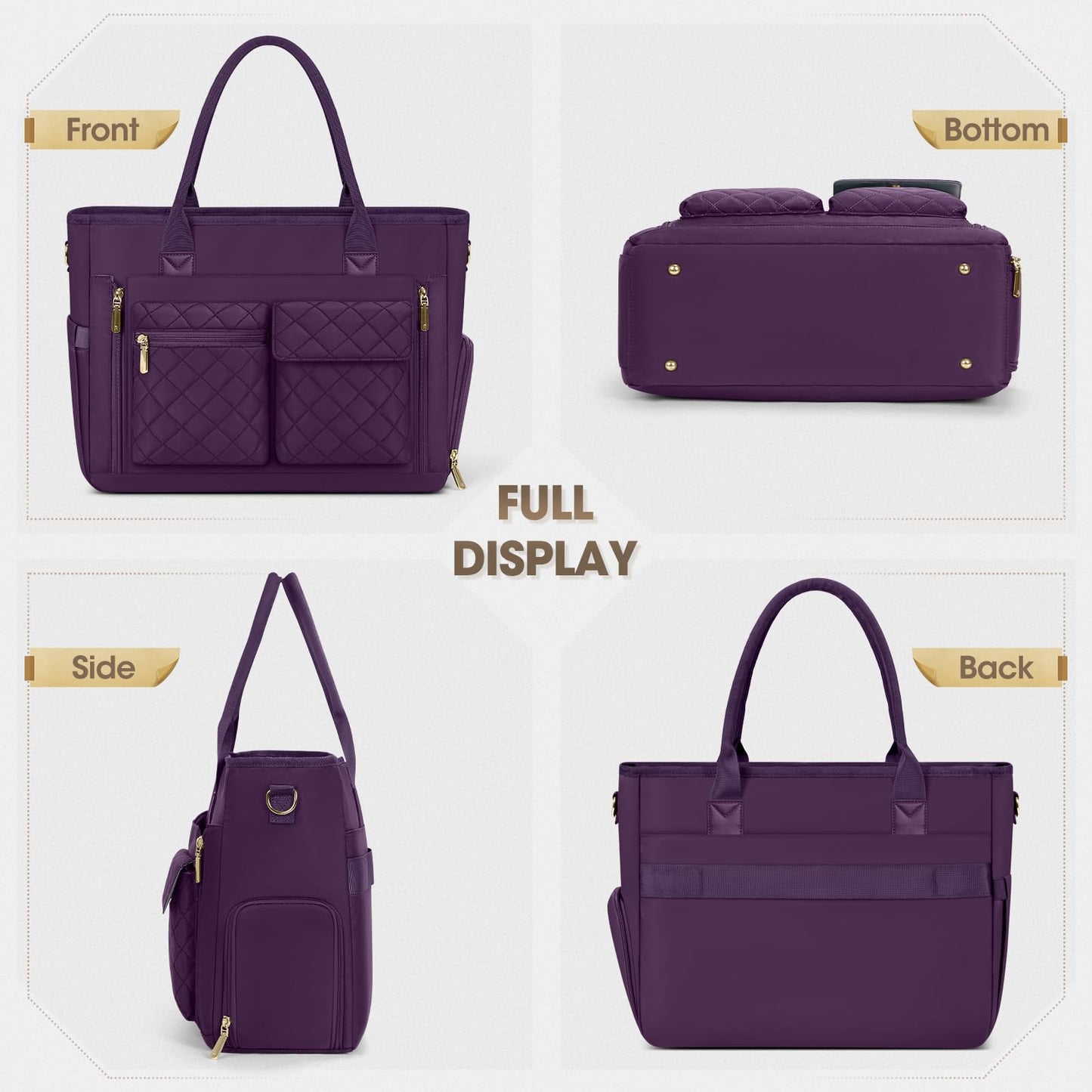 RAINSMORE Teacher Tote Bag with Insulated Lunch Compartment 15.6 inch Laptop Bag for Women Large Work Bags Nurse Bags Professional Briefcase Computer Handbag for Office, College, Nursing, Dark Purple