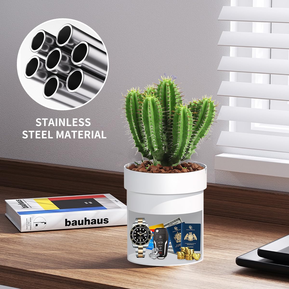 Sdstone Fireresistant Waterproof Flower Pot Diversion Safe with Lock,Stainless Steel Secret Hidden Safe,Perfect for Hiding The Valuables Inside Flower Pot False Bottom(White)