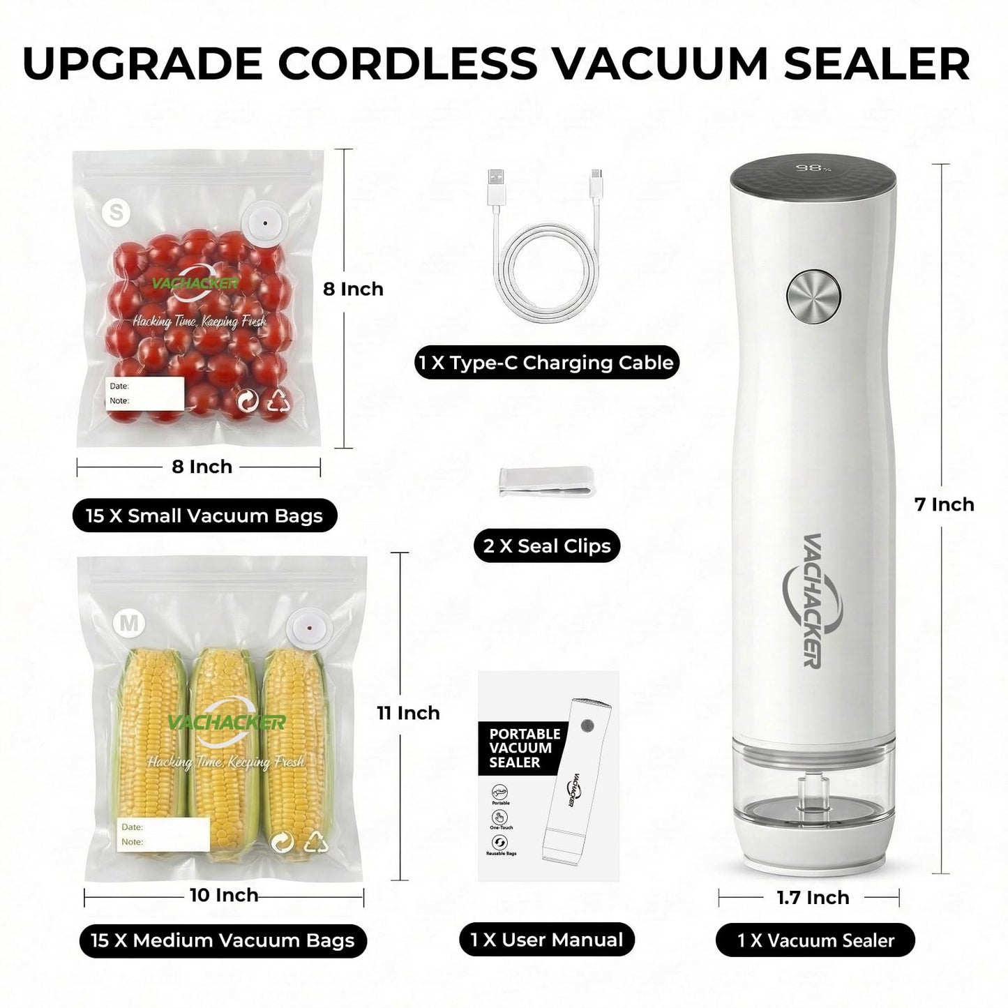 Vachacker Handheld Vacuum Sealer Kit for Food Storage - Compact Vacuum Sealer Machine with 30 Reusable Bags,Portable Rechargeable Food Saver for Sous Vide, Meal Prep & Freezer Storage