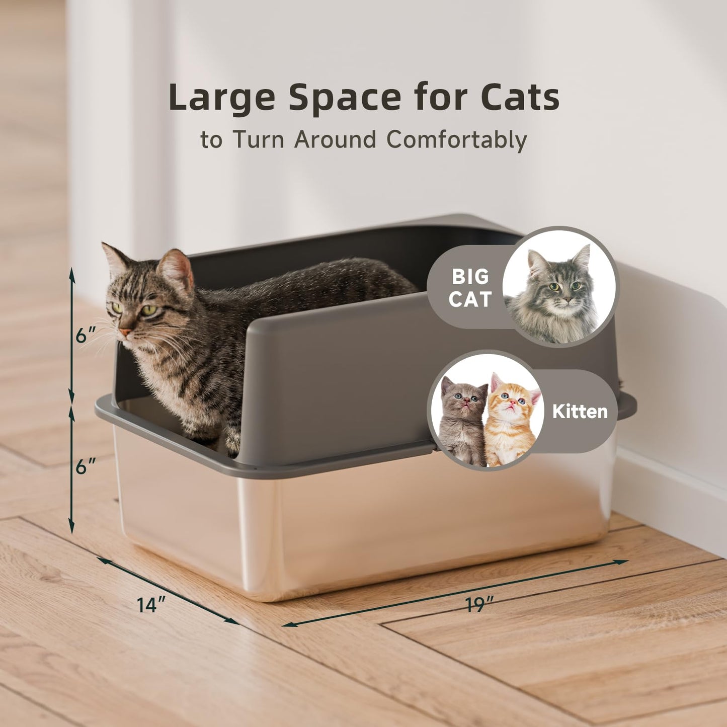 Bsadne High-Sided Stainless Steel Cat Litter Box,Stainless Steel Litter Box with Lid,Medium Litter Box,Easy-to-Clean Metal Litter Pan for Cats (20''L X 14''W X 12''H with Enclosure)