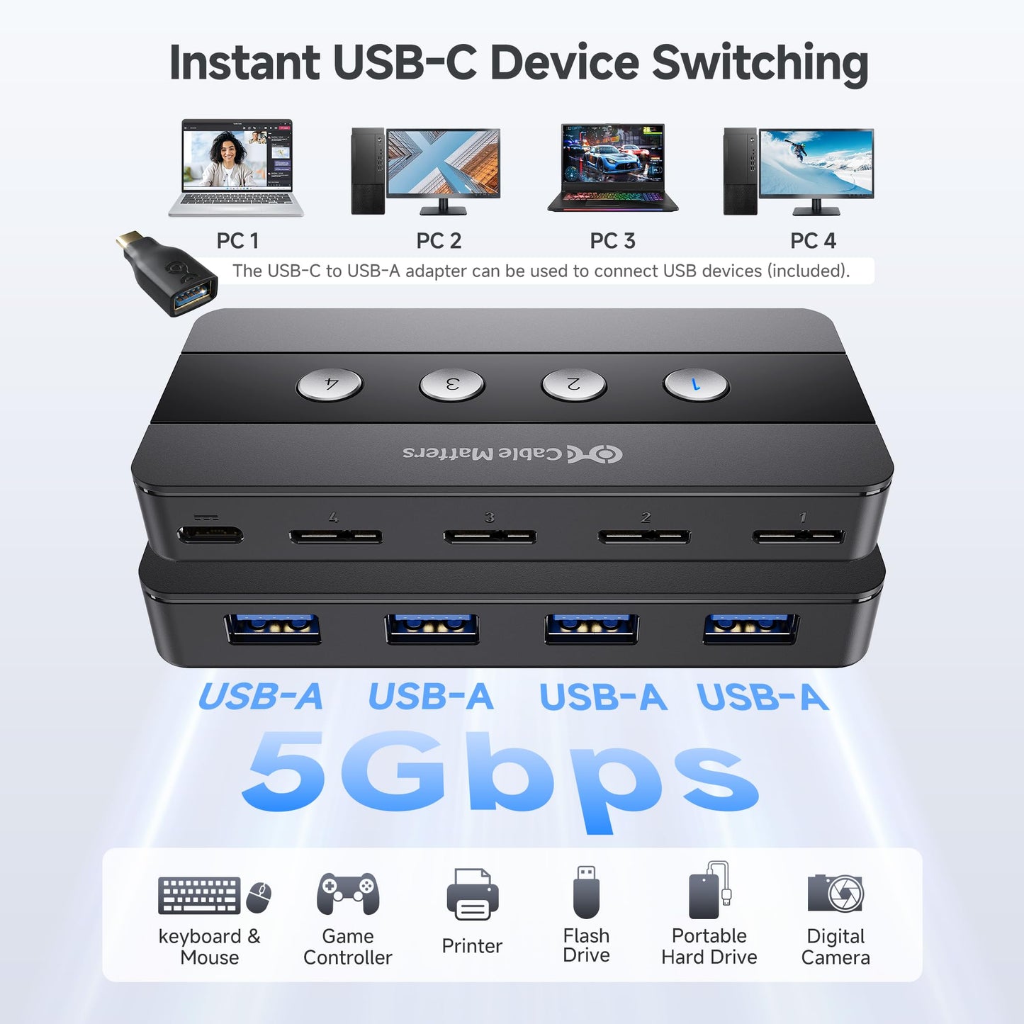 Cable Matters 4 Port USB 3.0 Switch Hub USB Sharing Switch for 4 Computers and USB Peripherals - Button or Wireless Remote Control Swapping - Includes a USB-C Adapter for USB-C and Thunderbolt 3