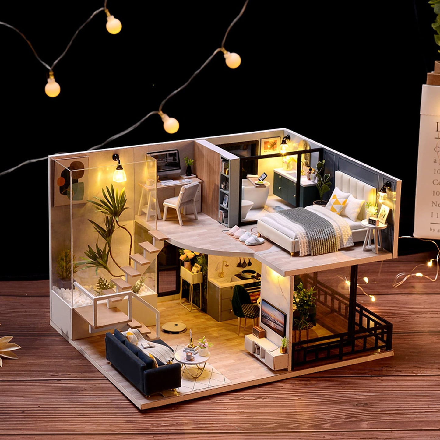 CUTEROOM DIY Miniature Dollhouse Kit with Furniture,Wooden Doll House Plus Music Movement & LED Lights, 1:24 Scale DIY House Kit Best Birthday Gifts (L032)