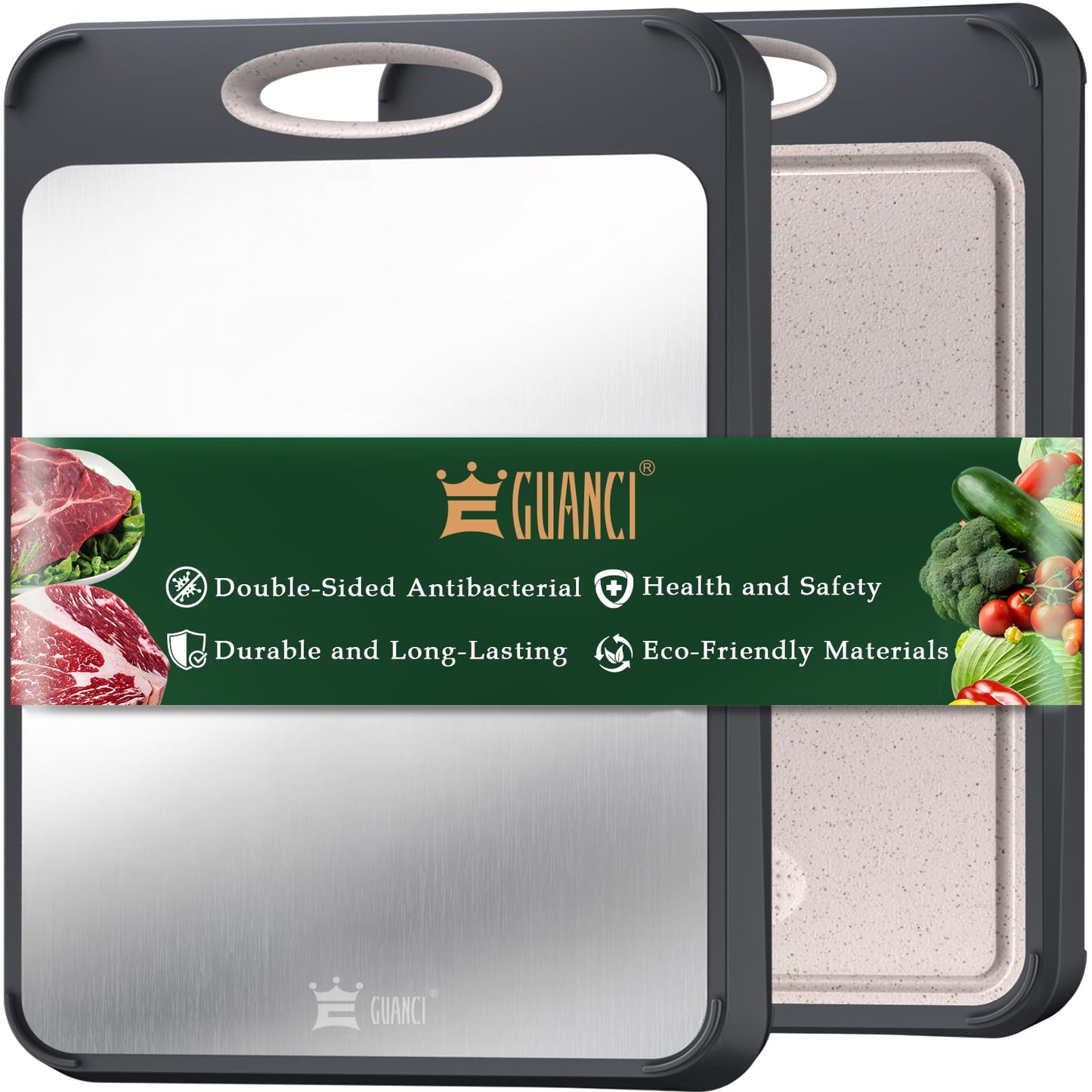 GUANCI Cutting Board for Kitchen Double Sided 304 Stainless Steel Chopping Board Food-Grade Stainless Steel and Wheat Straw PP Large Size 16”×11” Easy to Clean