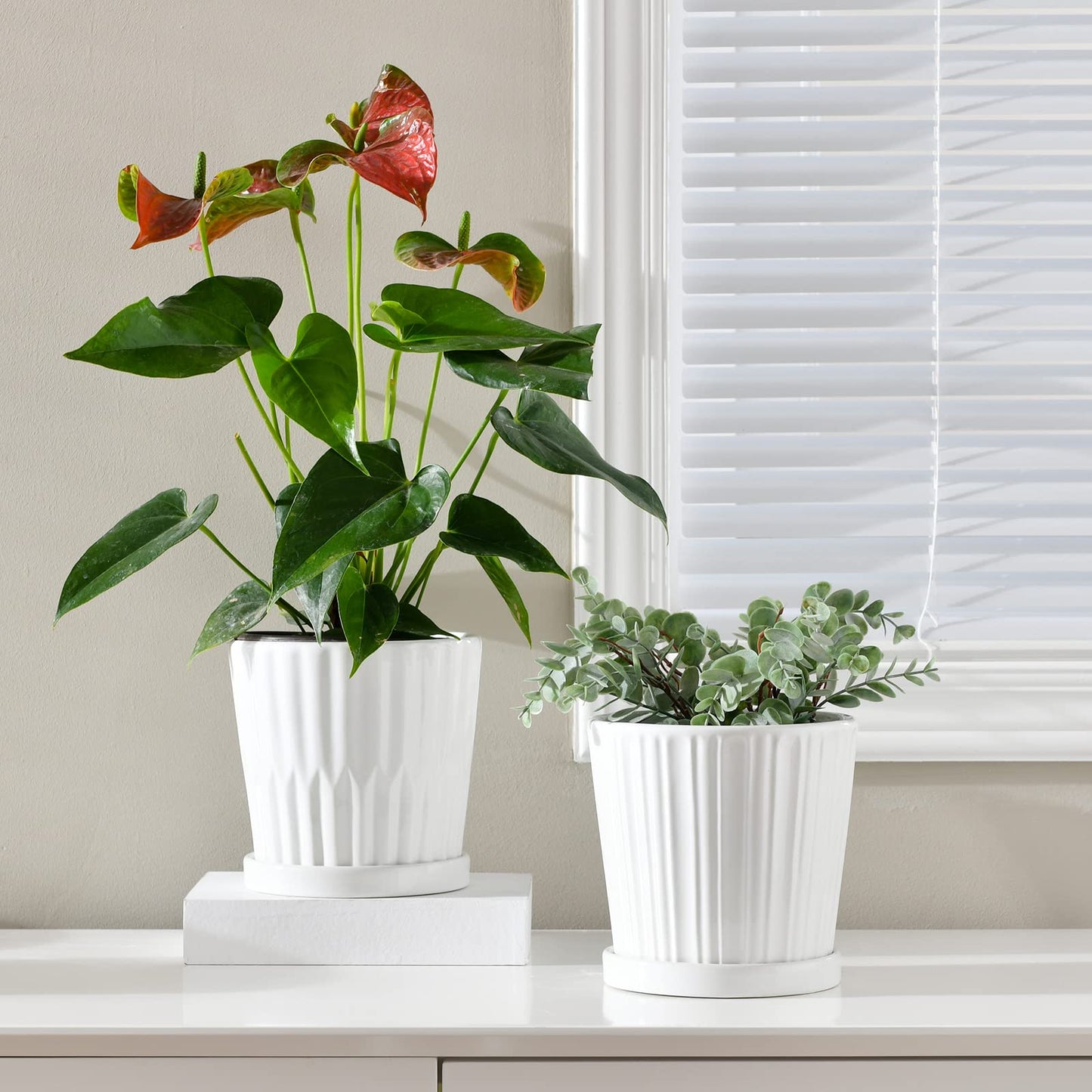 Plant Pots, 6 Inch Flower Pots for Plants,Ceramic Planter with Drainage Holes,Indoor Planter Pots with Saucer,Outdoor Garden Pots (Red/Yellow, 4 Pack) (White)