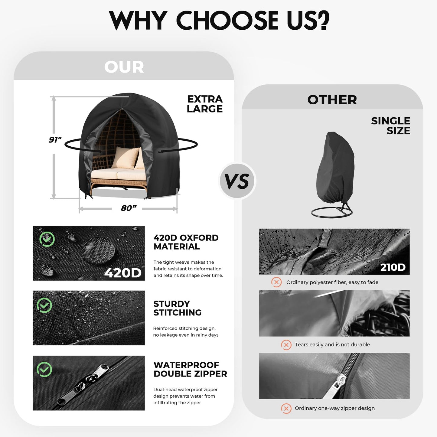 Uthem Patio Egg Chair Cover, 91x80 Inches Waterproof 420D Oxford Double Hanging Outdoor Furniture Covers for Wicker Egg Swing Cocoon Chair, Black