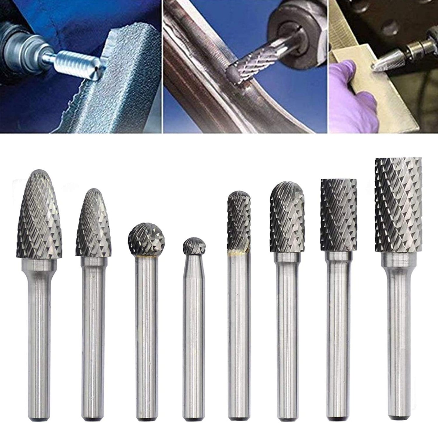 Die Grinder Bits, Carbide Rotary Burr Set 1/4 Shank, 8PCS Double Cut Deburr Bits Grinding Tool for Metal Wood Jade Carving Engraving Polishing Drilling Milling Cutting