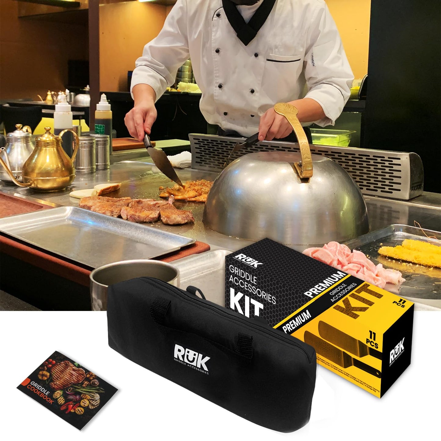 Blackstone Griddle Accessories Kit, RüK 11 PCS Flat Top Griddle Accessories Set with Anti-Scalding Long Handle Metal Spatula, Griddle Scraper, Cleaning Kit, E-Cookbook for Blackstone and Camp Chef