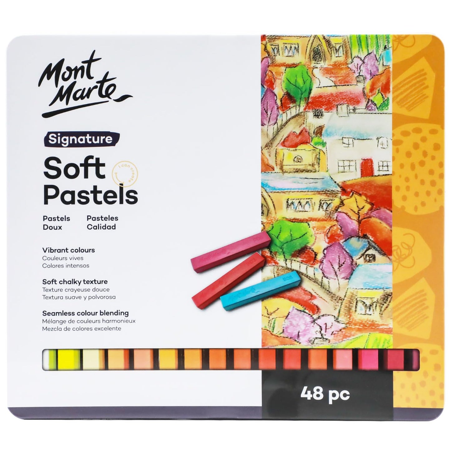 Mont Marte Soft Pastels in Tin Box Signature 48pc, 48 Assorted Colours, Vibrant Pastel Sticks, Great Blending, Comes in Storage Case, Ideal For Art, Craft, Colouring and Sketching
