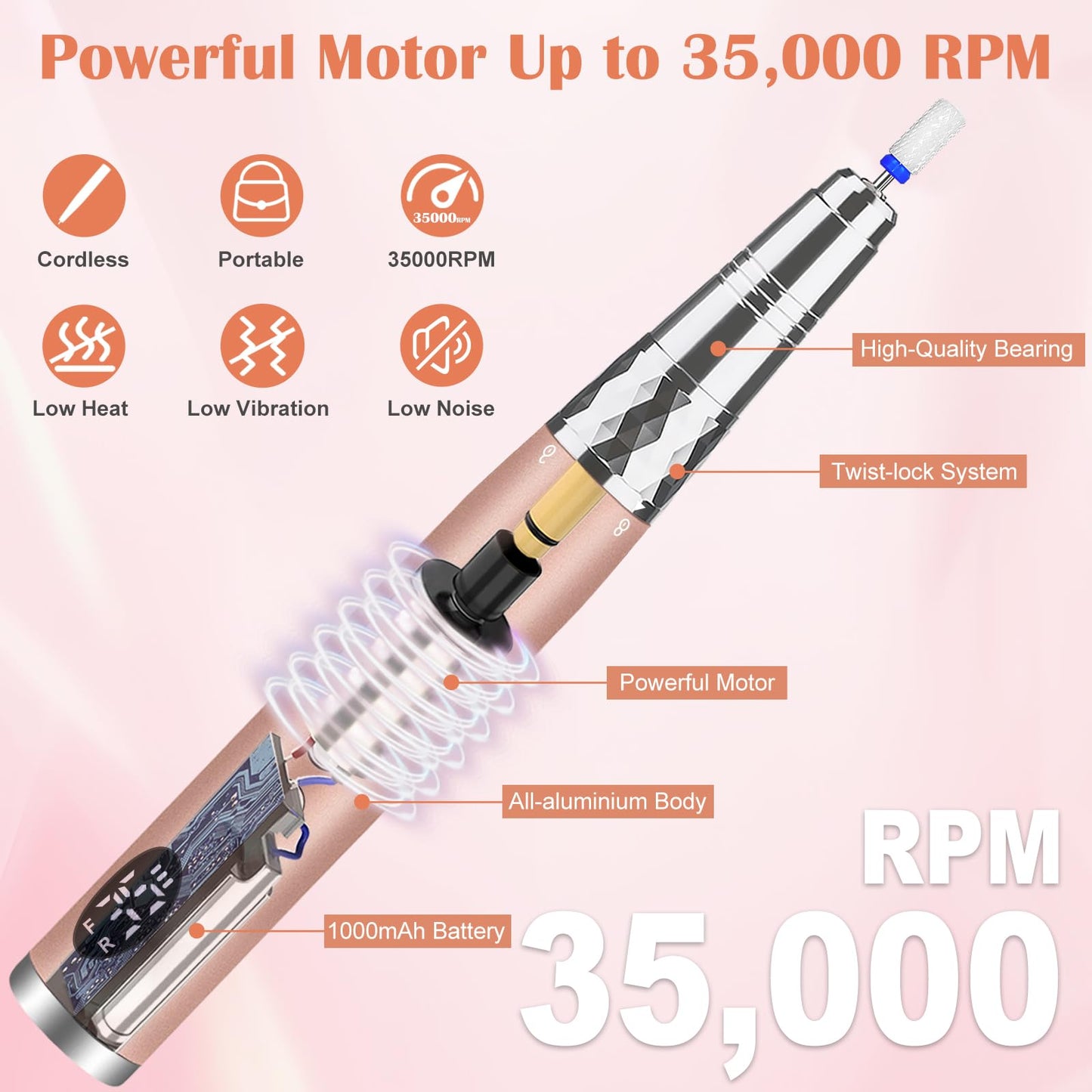 Enniewi Electric Nail Drill 35000RPM Professional Cordless E File, Rechargeable Nail Tools for Acrylic Gel Nails, Portable Manicure Pedicure Kit with Travel Bag, 6 Nail Drill Bits