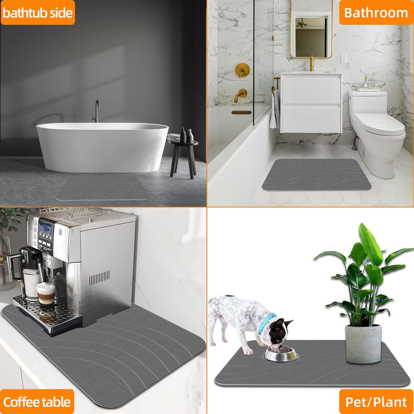 DRYSOLU Stone Bath Mat Diatomaceous Earth Bath Mat Stone Shower Mat Fast Water Drying Ultra Absorbent Pad Diatomite mat,Non-Slip Mat for Bathroom Shower,Kitchen,Pet,15.35x23.62in,Hard,Gray,1-Pack