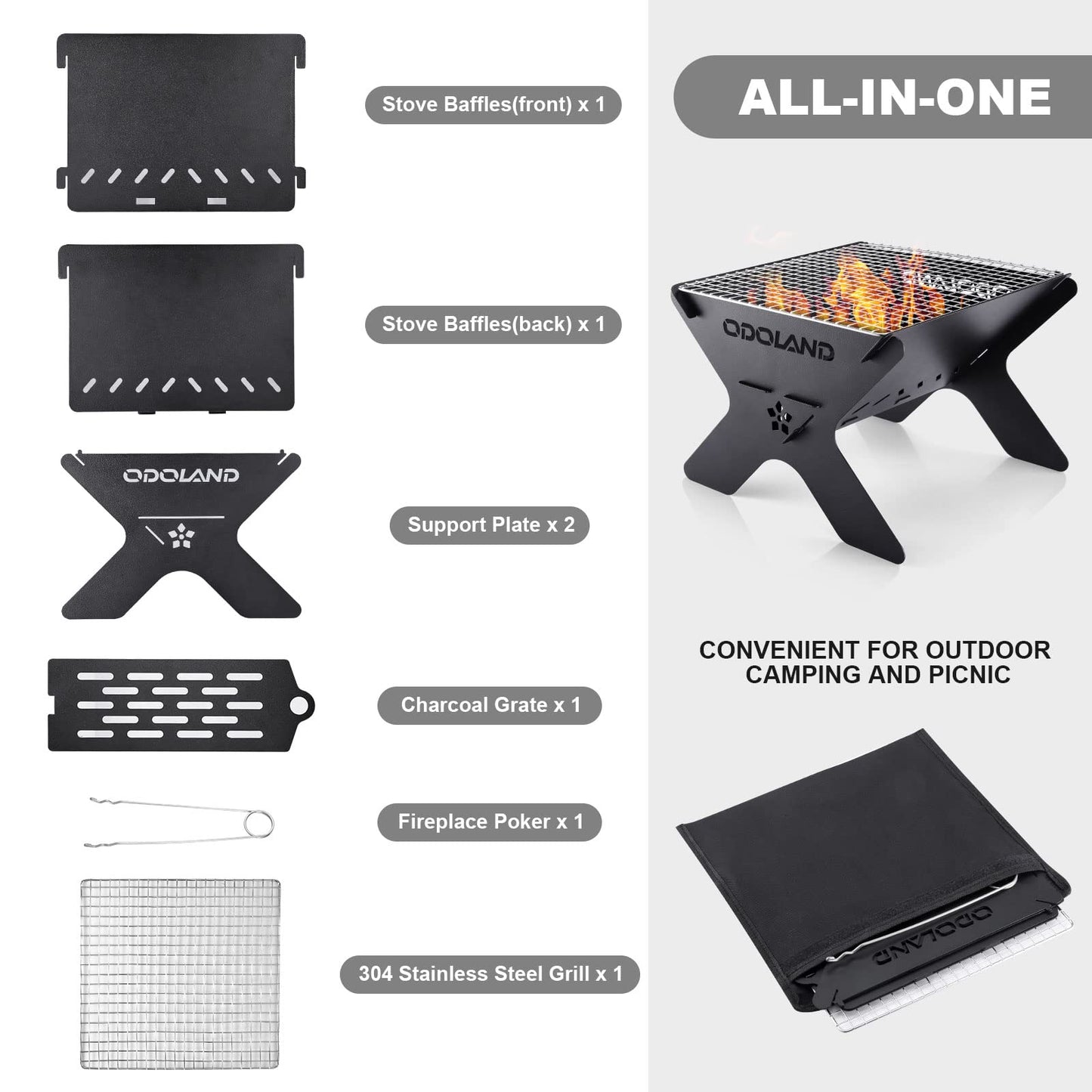 Odoland Camping Fire Pit, Portable Fire Pit for Camping, 2 in 1 Wood Burning Fire Grill with Detachable Cooking Grate for Outside BBQ, with Carry Bag