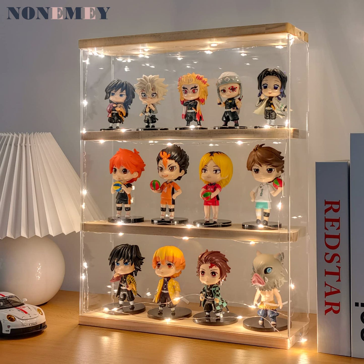 NONEMEY Clear Acrylic Display Case Stand with Wood Base 2 Tier、3 Tier、12/24 Compartments Storage Box Wall Mount Showcase Dustproof Organizer Box for Collectibles