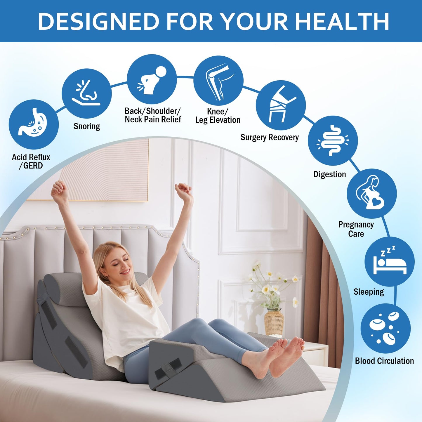 Ahpmeoa 5Pcs Orthopedic Bed Wedge Pillow Set for After Surgery, Adjustable Wedge Pillow for Acid Reflux Relief, Bed Wedge Pillow Post Surgery, Memory Foam Wedge Pillows for Sleeping, Grey