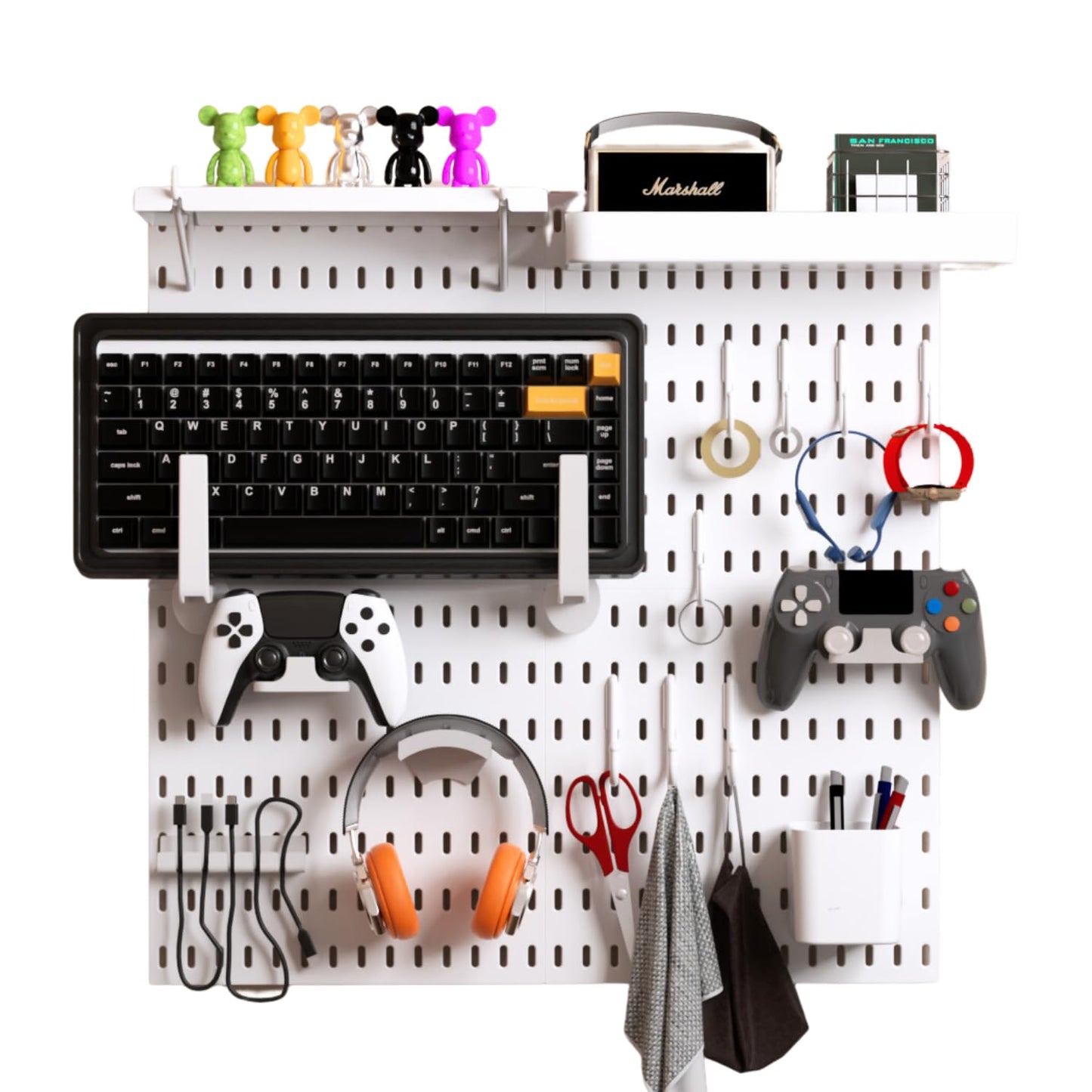 Keepo Pegboard Combination Kit, Pegboards and Accessories Modular Hanging for Gaming Setup, Gaming Station Peg Board, Gaming Organizer, Wall Game Controller Holder, Headset Stand (White, 22″×22″)