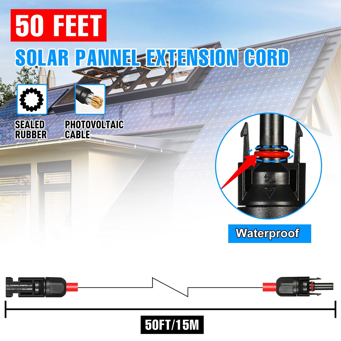 Afurkuot 50FT 10AWG Solar Extension Cable Wires, 50 Feet 10 Gauge Solar Panel Extension Wires with Female and Male Connector, 1 Pair Black + Red Solar Cable Wire 10AWG